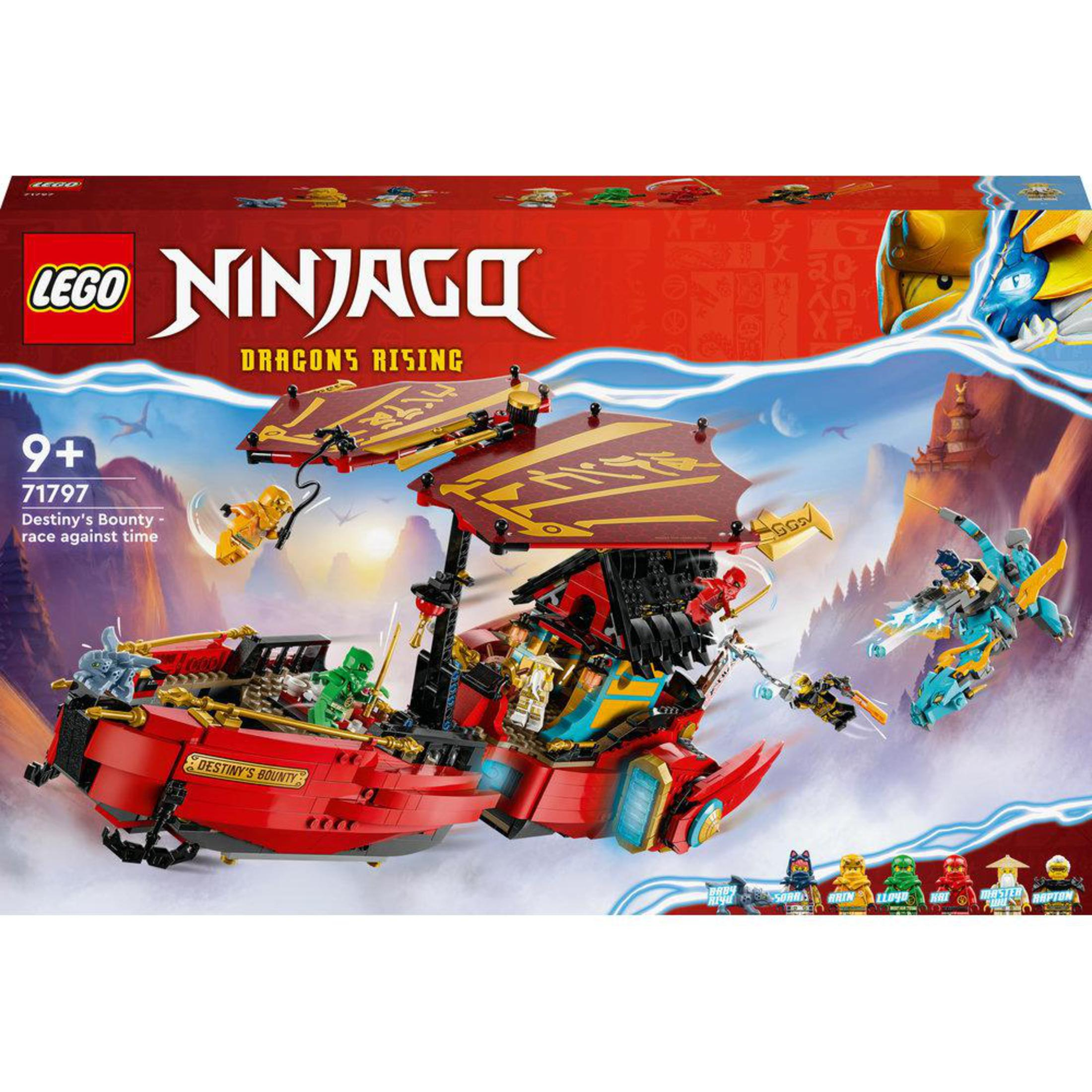Scatola del set Lego Ninjago. Tema rosso e oro. Mostra un grande veicolo e diverse minifigure.