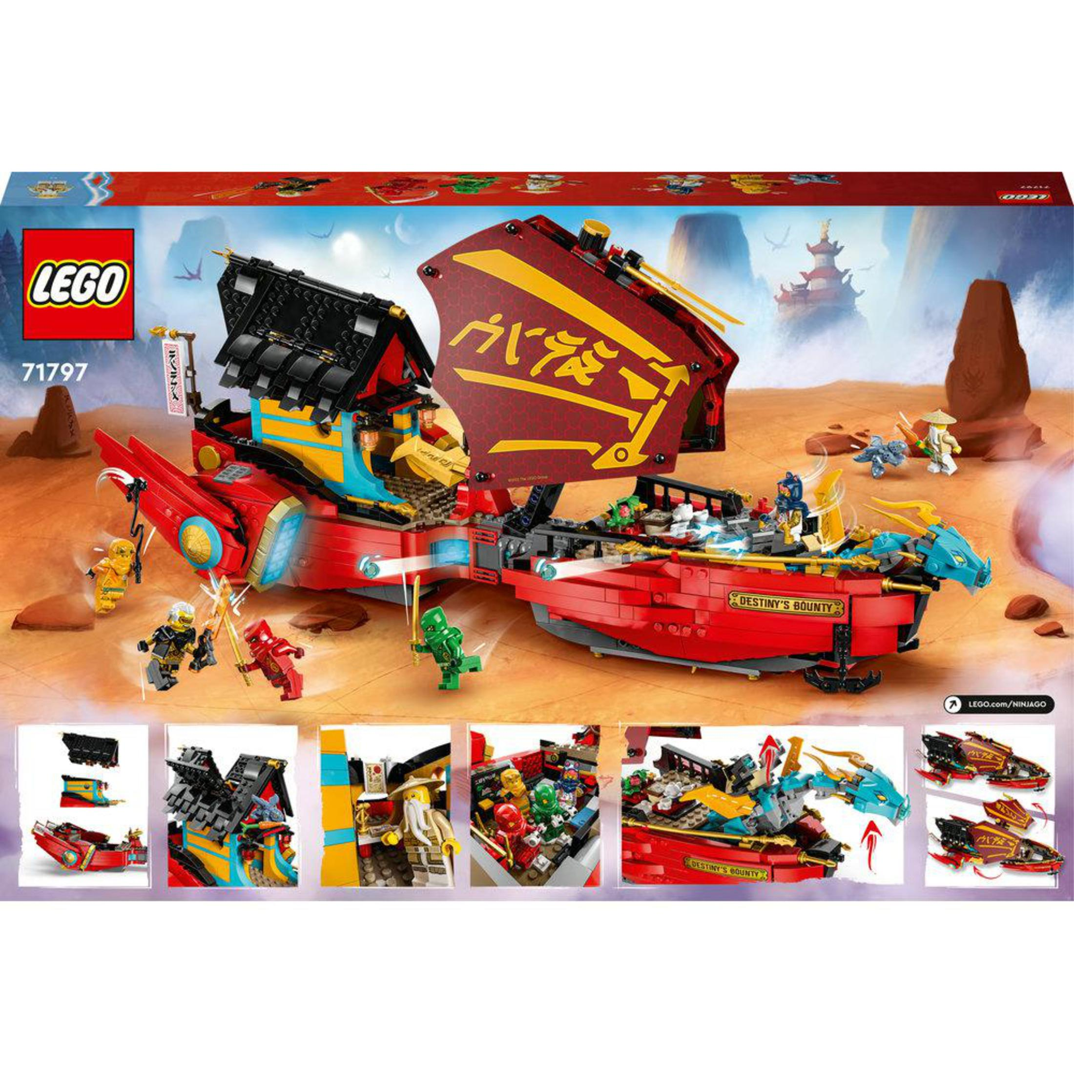 Scatola del set Lego Ninjago Destiny's Bounty, con varie figure e scene Lego.