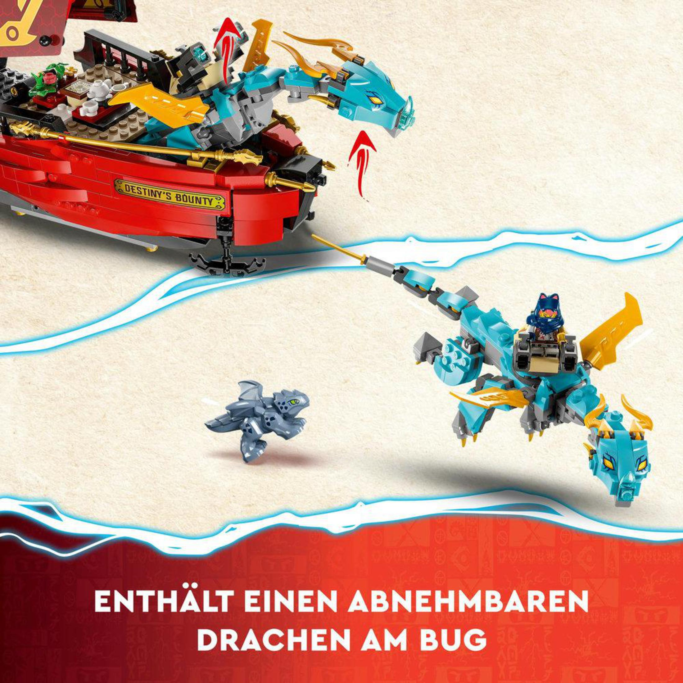 Set Lego Ninjago con barca rossa e due draghi, uno volante e uno piccolo, testo in tedesco.