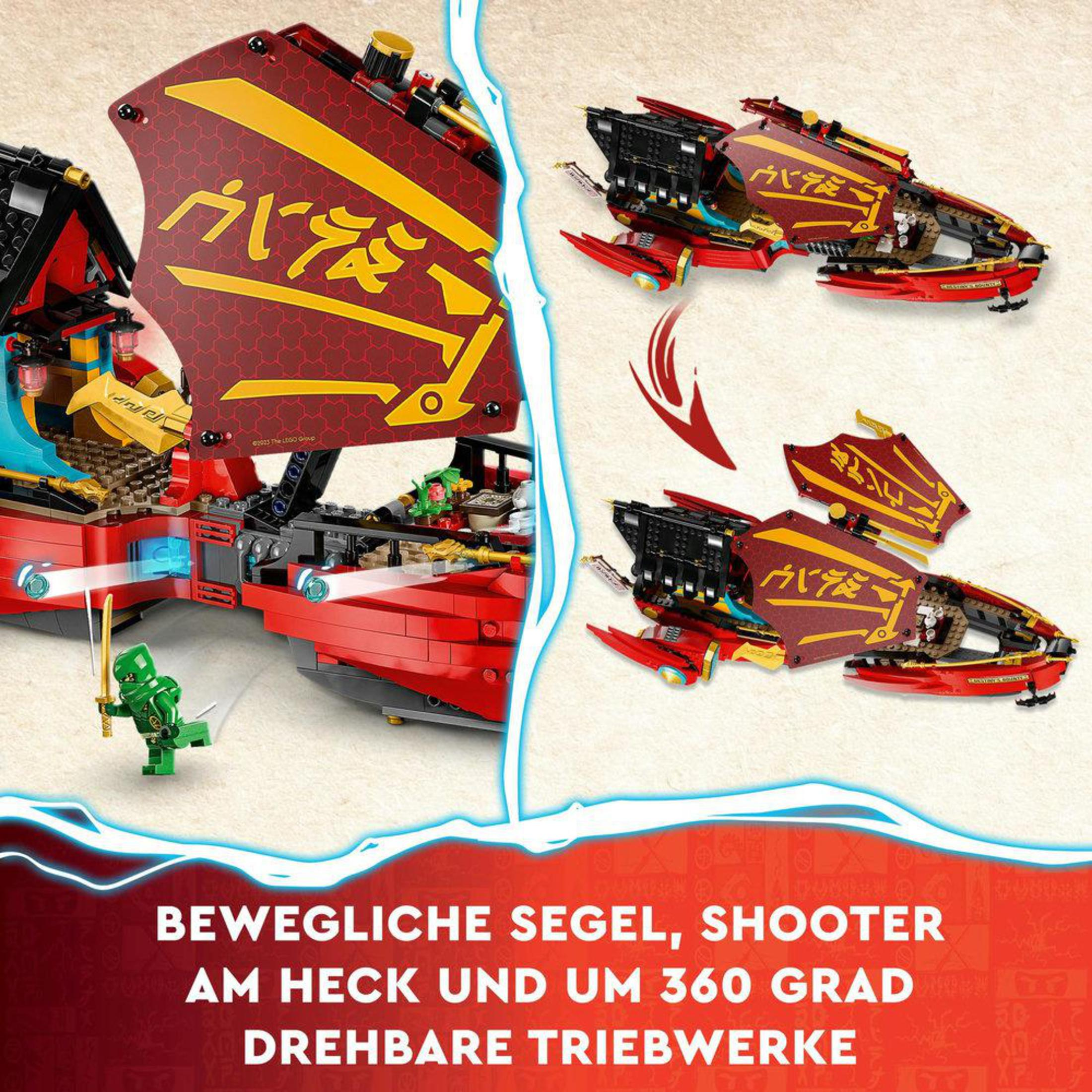 Set Lego Ninjago con una nave rossa, una figura ninja e piccoli velivoli.