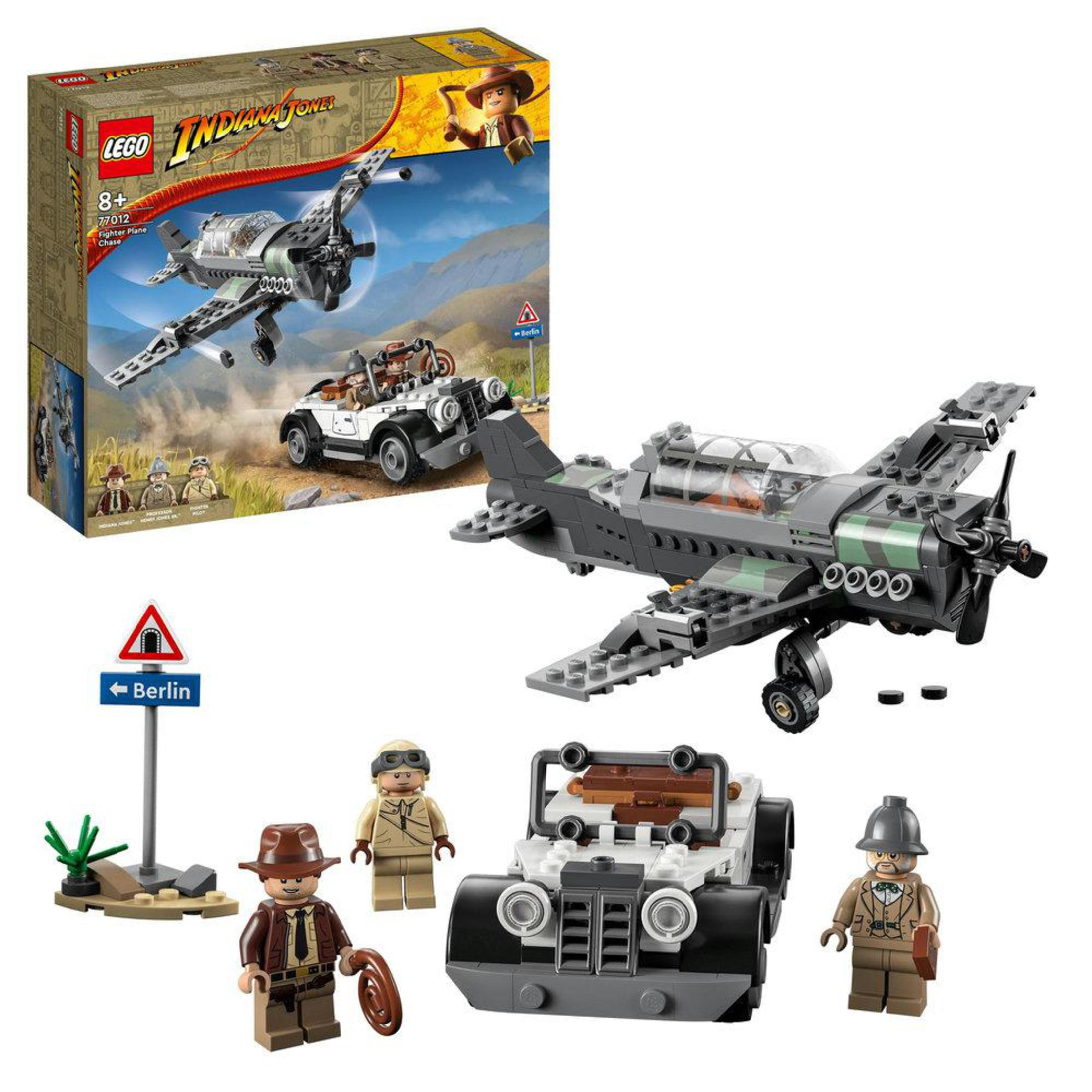 Set de Lego con avión, coche, Indiana Jones y figuras. La caja es visible.