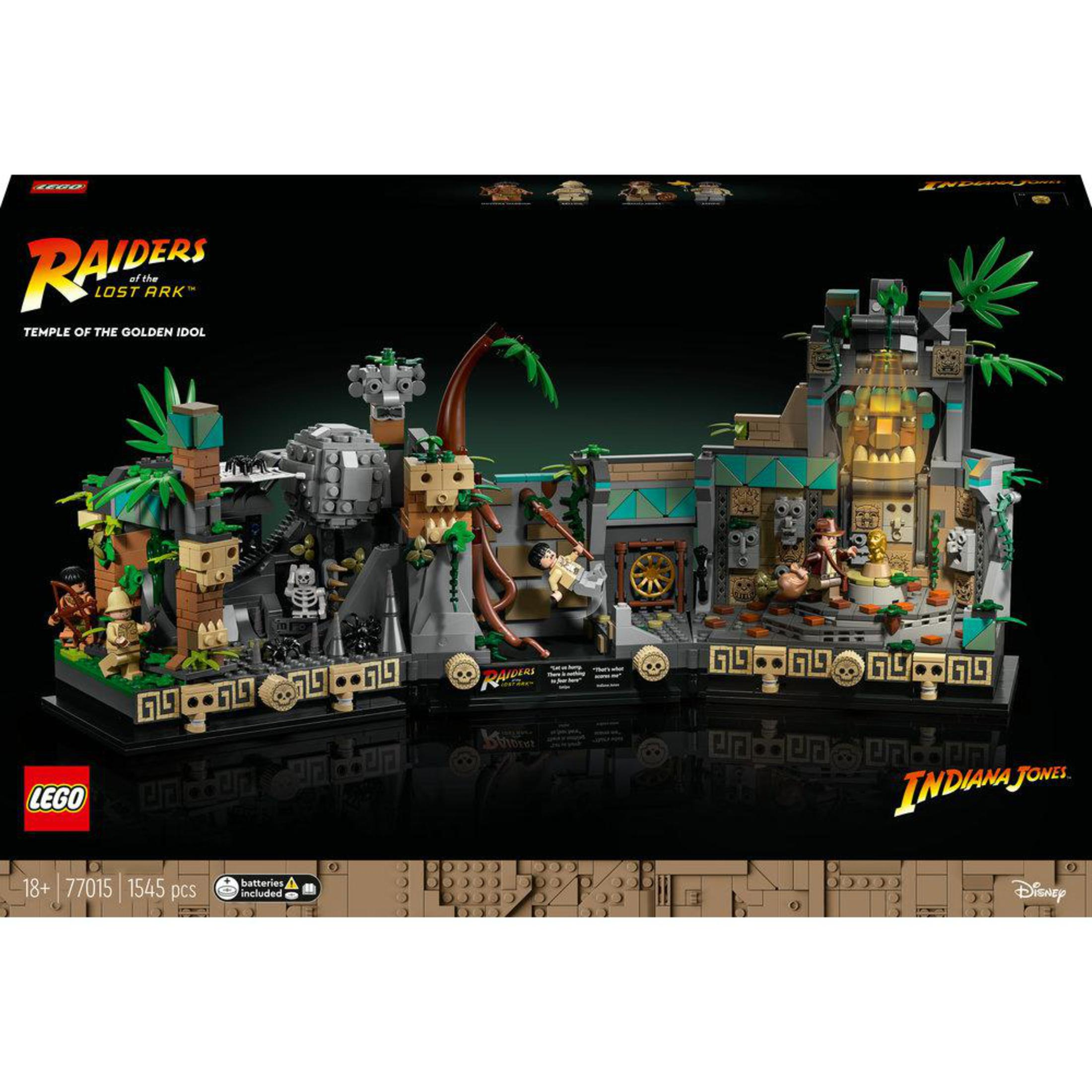 LEGO-Set des Indiana Jones Tempels des goldenen Götzen, mit Schachtel und Figuren.
