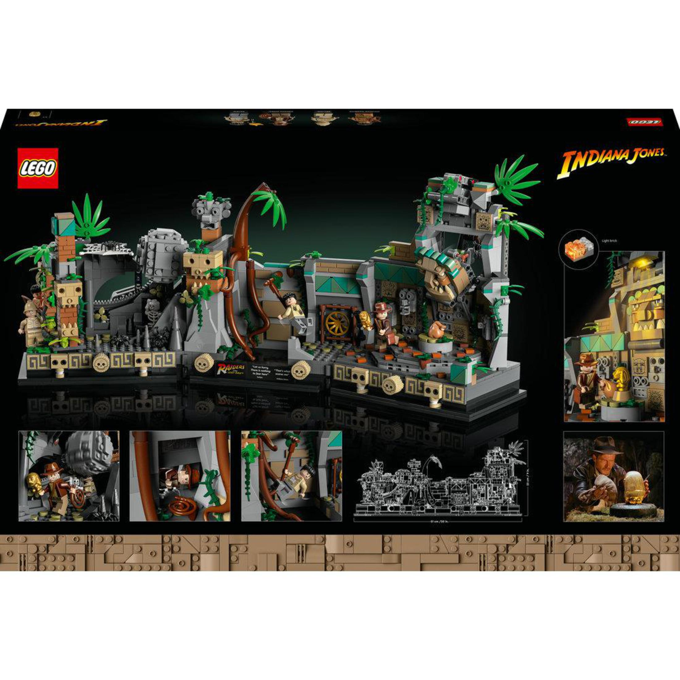 Lego Indiana Jones Set-Box. Es zeigt den Inhalt des Sets mit Illustrationen und dem Lego-Logo.