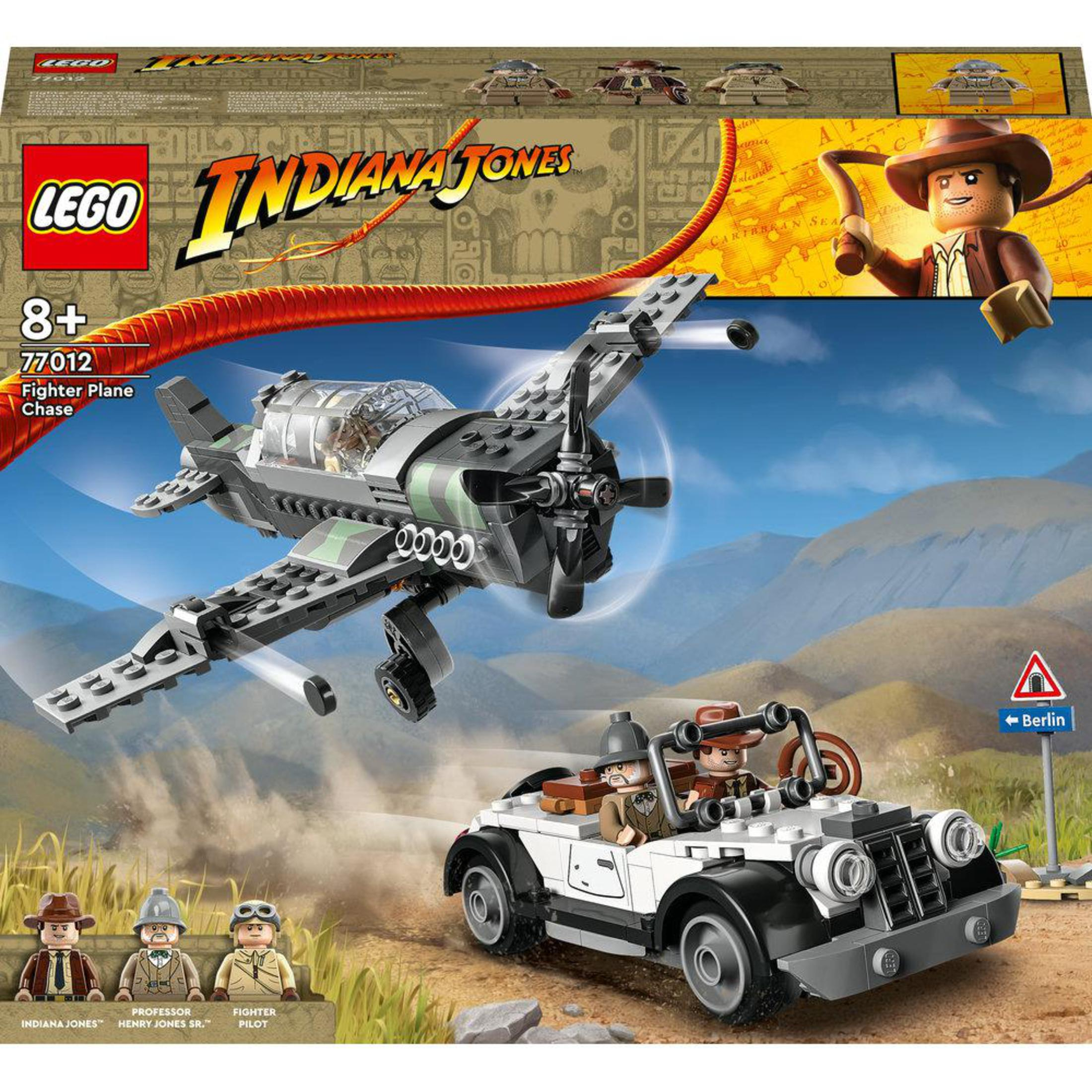 Set Lego Indiana Jones con avión y coche, figuras incluidas.