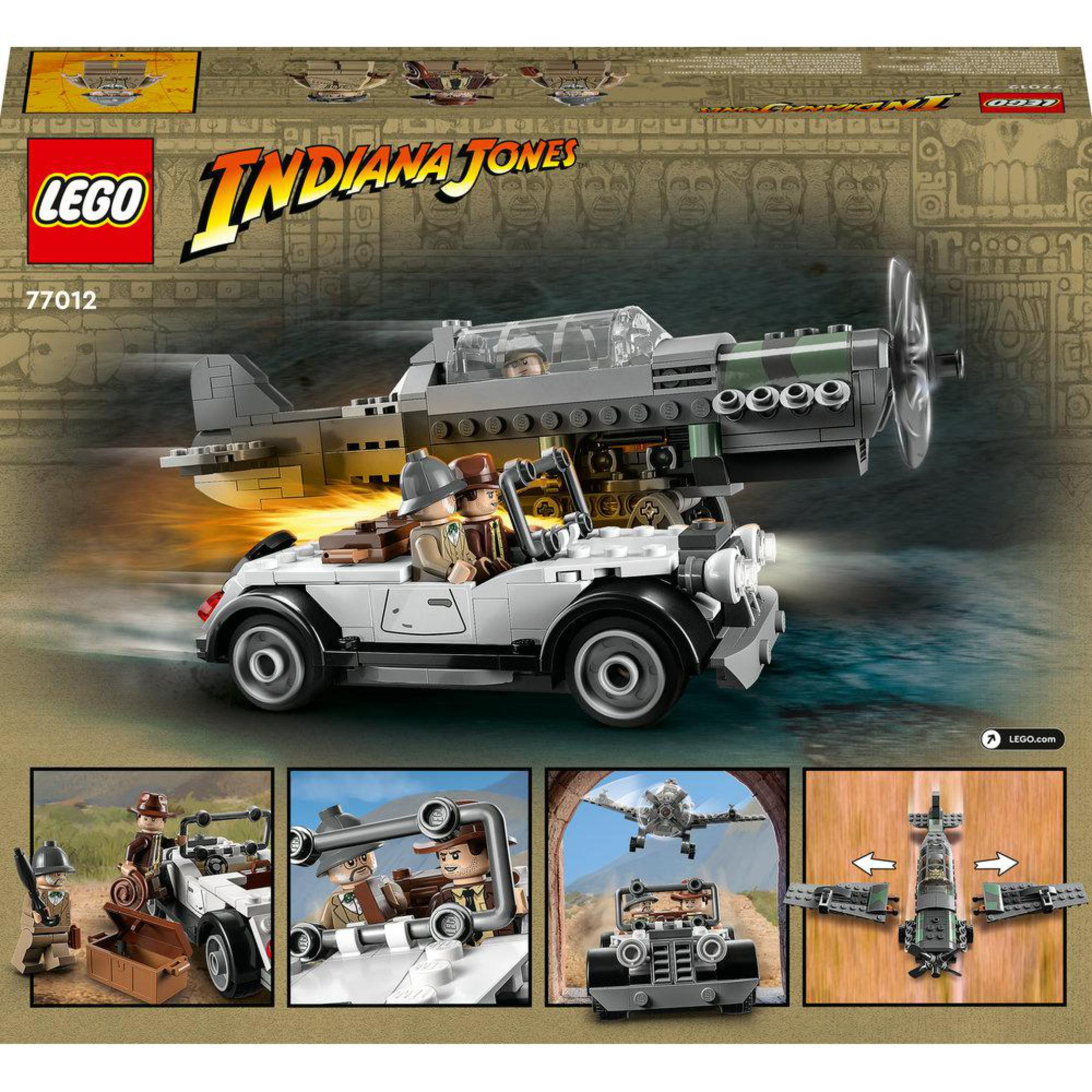 Caja del set LEGO Indiana Jones. Se muestran un avión y un coche de juguete con figuras. Escenas adicionales abajo.