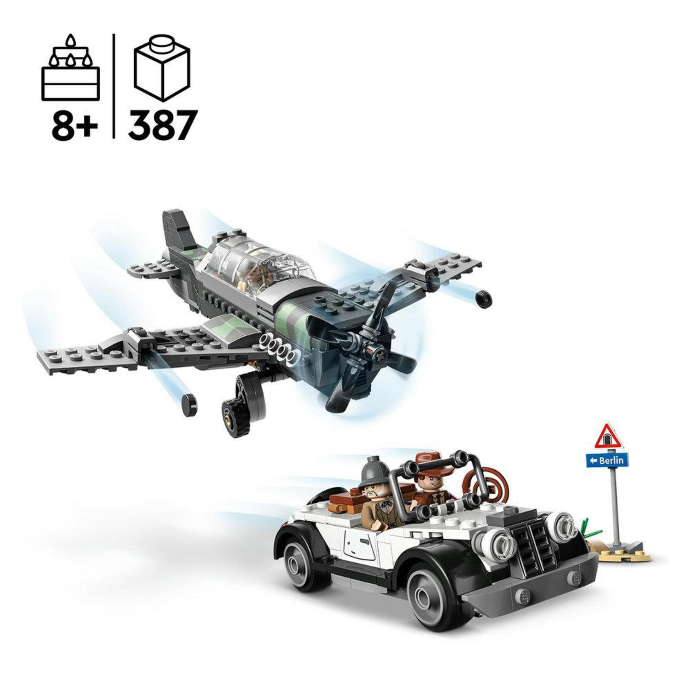 Set de Lego con avión y coche, figuras y un letrero a Berlín. Incluye 387 piezas.