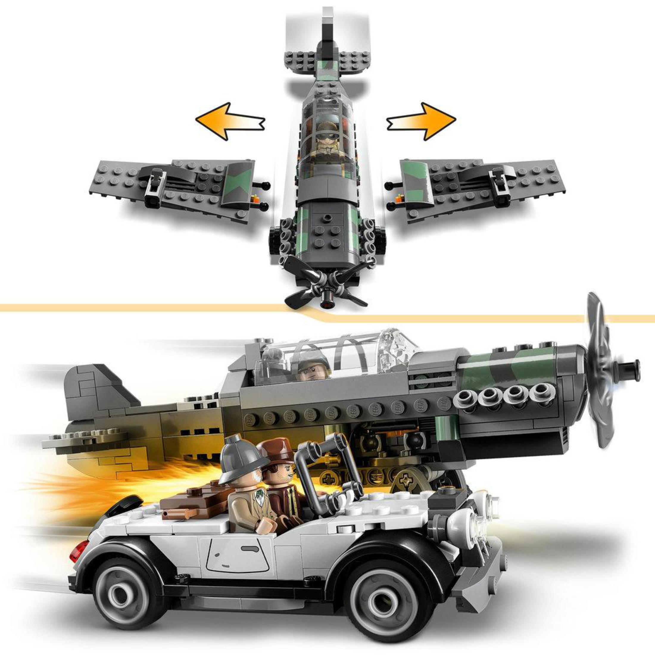 Un avión Lego con un coche. Las alas del avión pueden moverse. Dos personas conducen el coche debajo del avión.