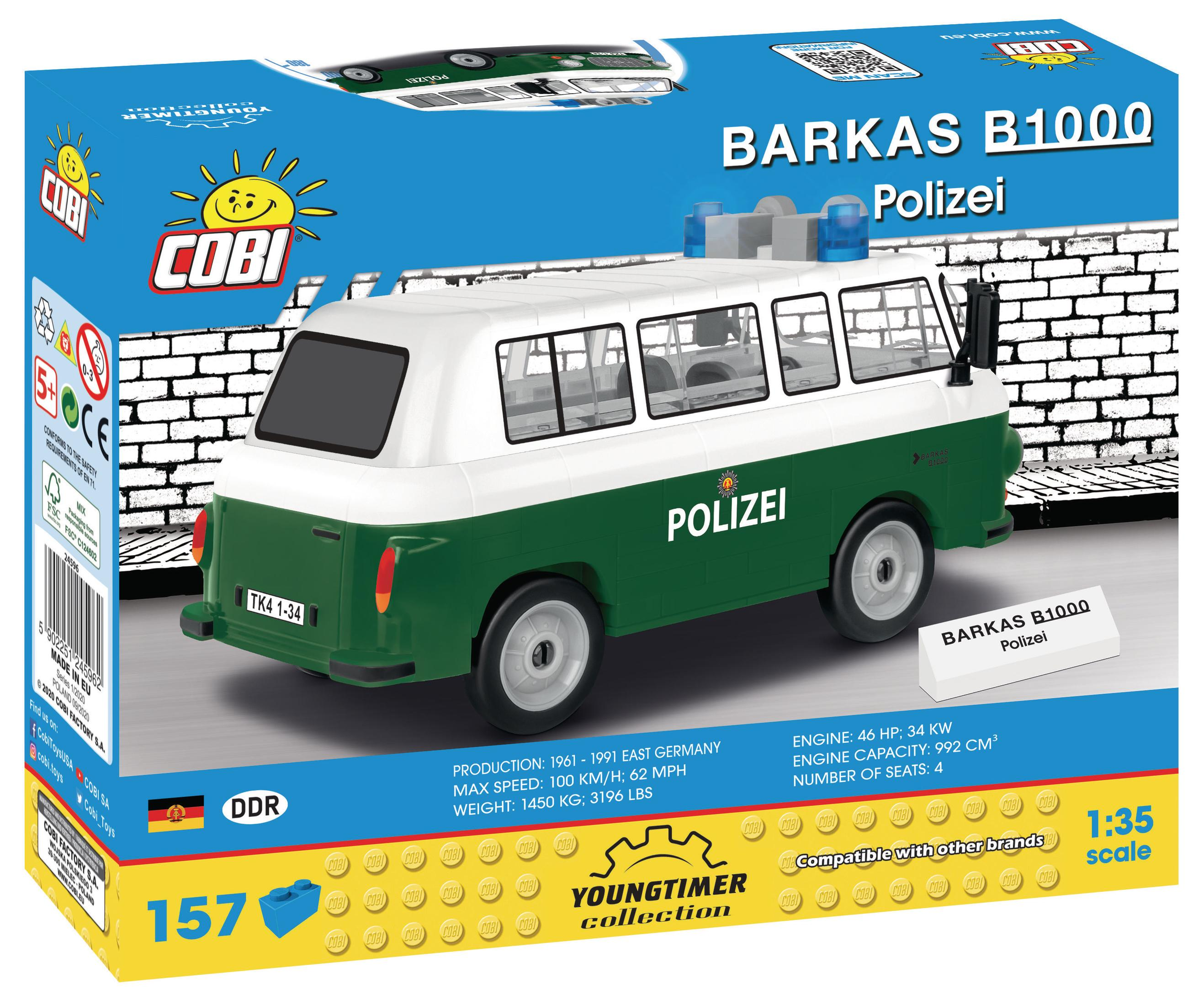 Zabawkowa furgonetka policyjna, zielono-biała, z napisem 'Polizei' z boku, z tyłu.