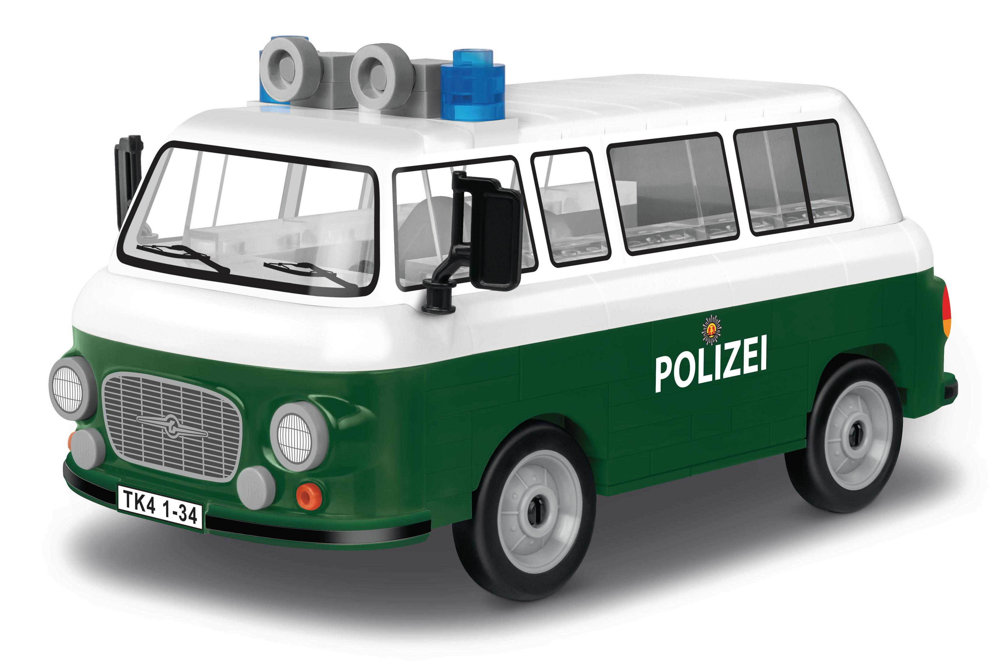 Zabawkowa furgonetka policyjna, zielono-biała, z napisem 'Polizei' z boku.