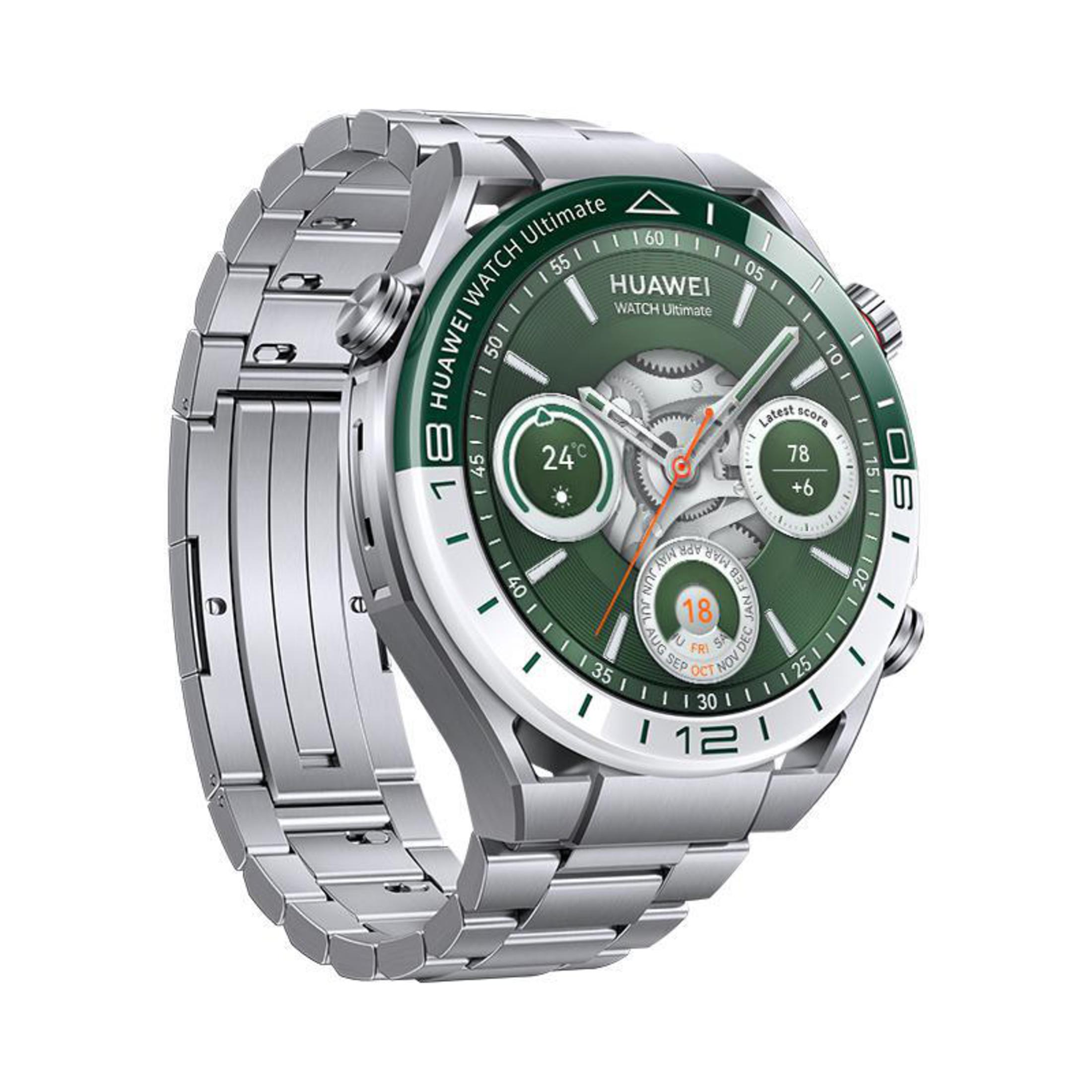 Eine silberne Huawei Watch Ultimate Smartwatch mit grünem Zifferblatt und Armband.