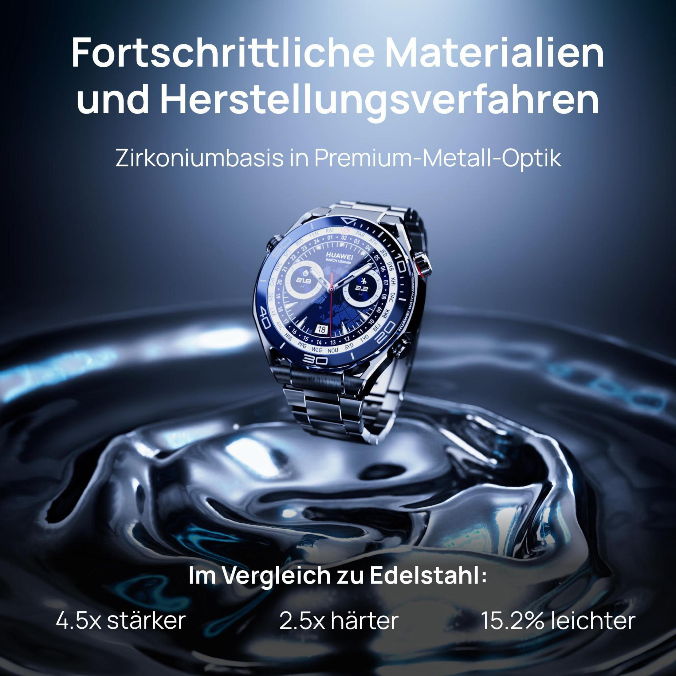 Uhr mit blauem und silbernem Zifferblatt. Sie befindet sich auf einer schwarzen Oberfläche mit Flüssigkeit und Text auf Deutsch.