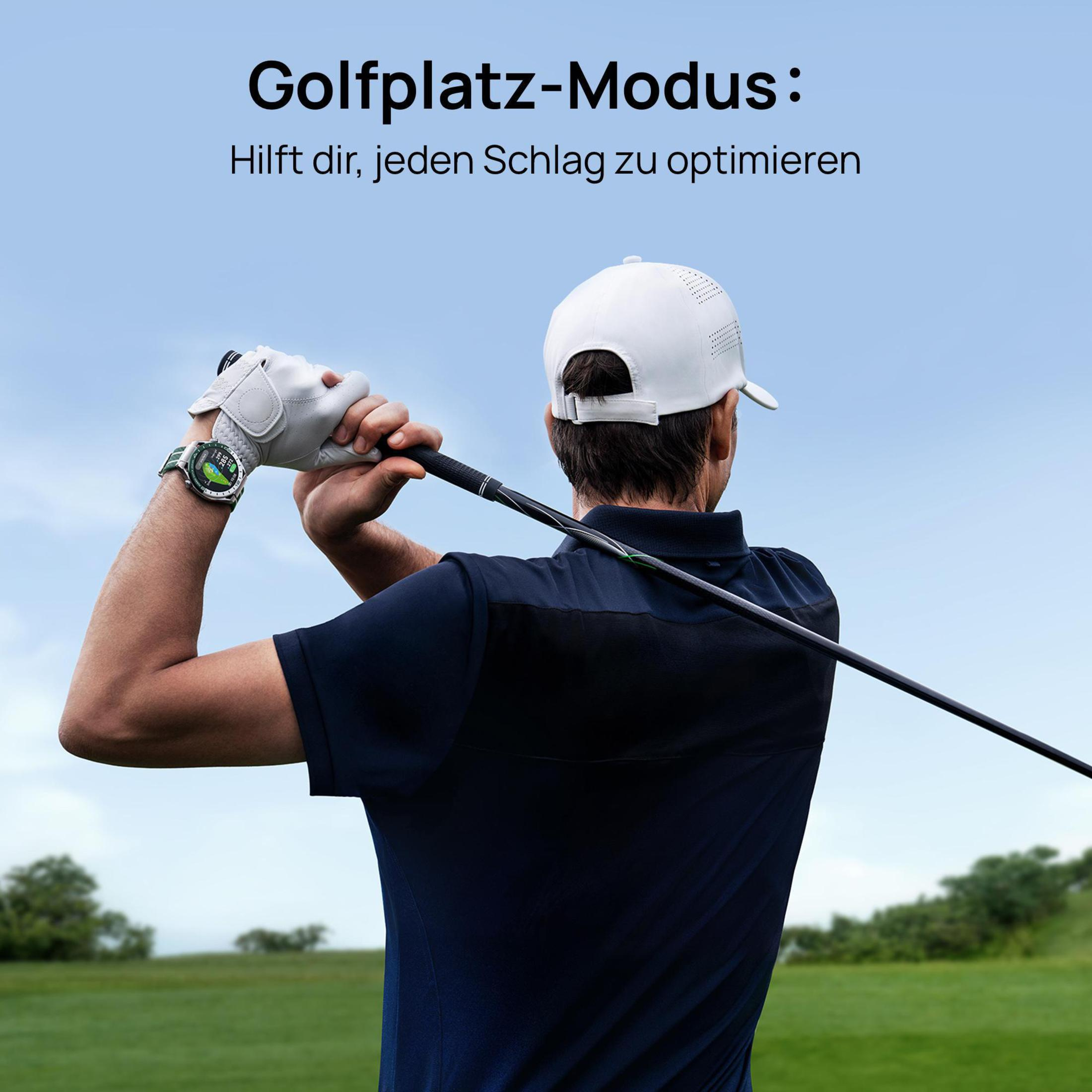 Ein Golfer schwingt einen Schläger. Text: 'Golfplatz-Modus: Hilft dir, jeden Schlag zu optimieren'.