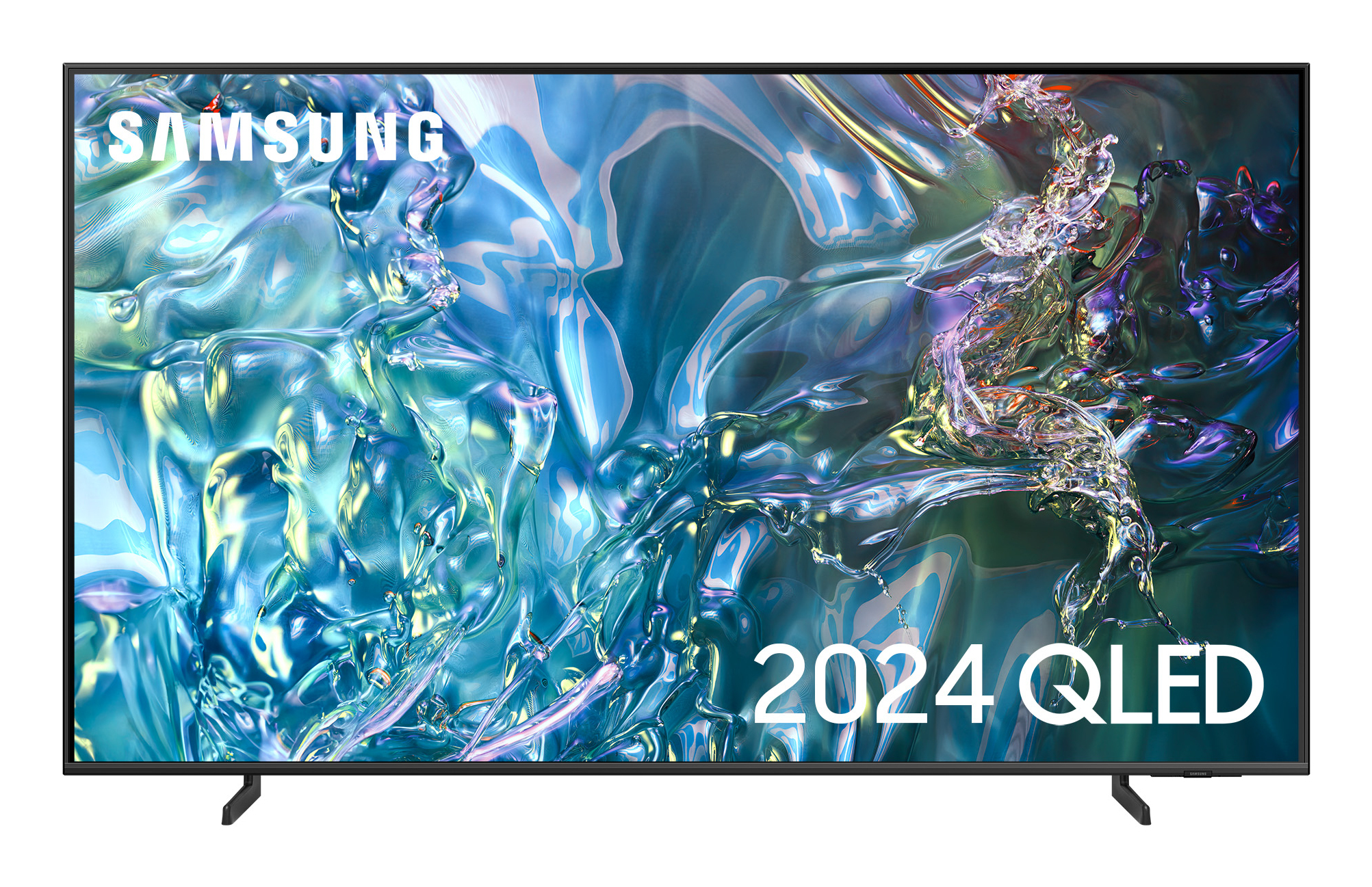 Telewizor Samsung 2024 QLED. Czarna ramka, nowoczesny design. Abstrakcyjne tło. Duży ekran.