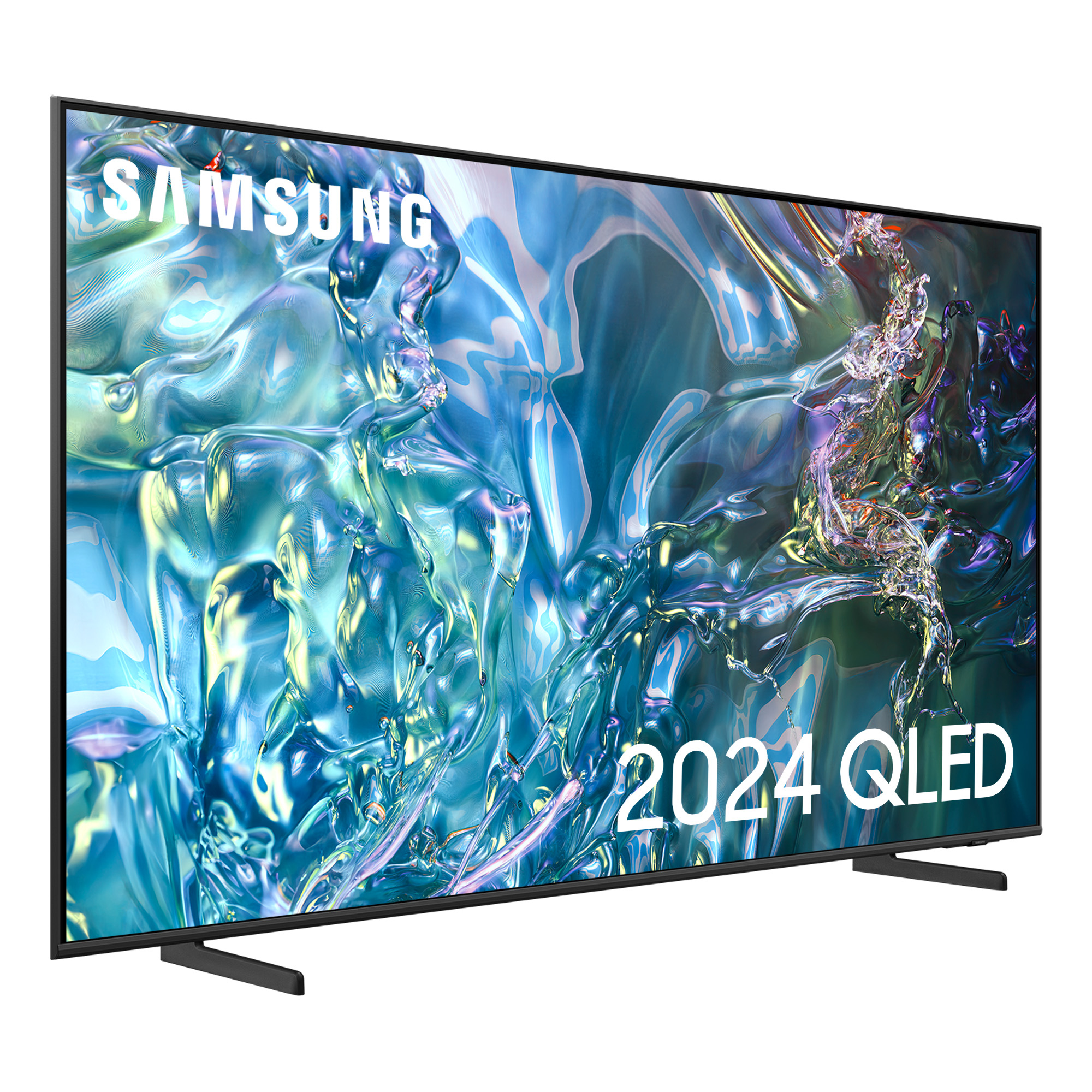 Duży telewizor Samsung QLED, czarna ramka, kolorowe abstrakcyjne obrazy, widok z boku.