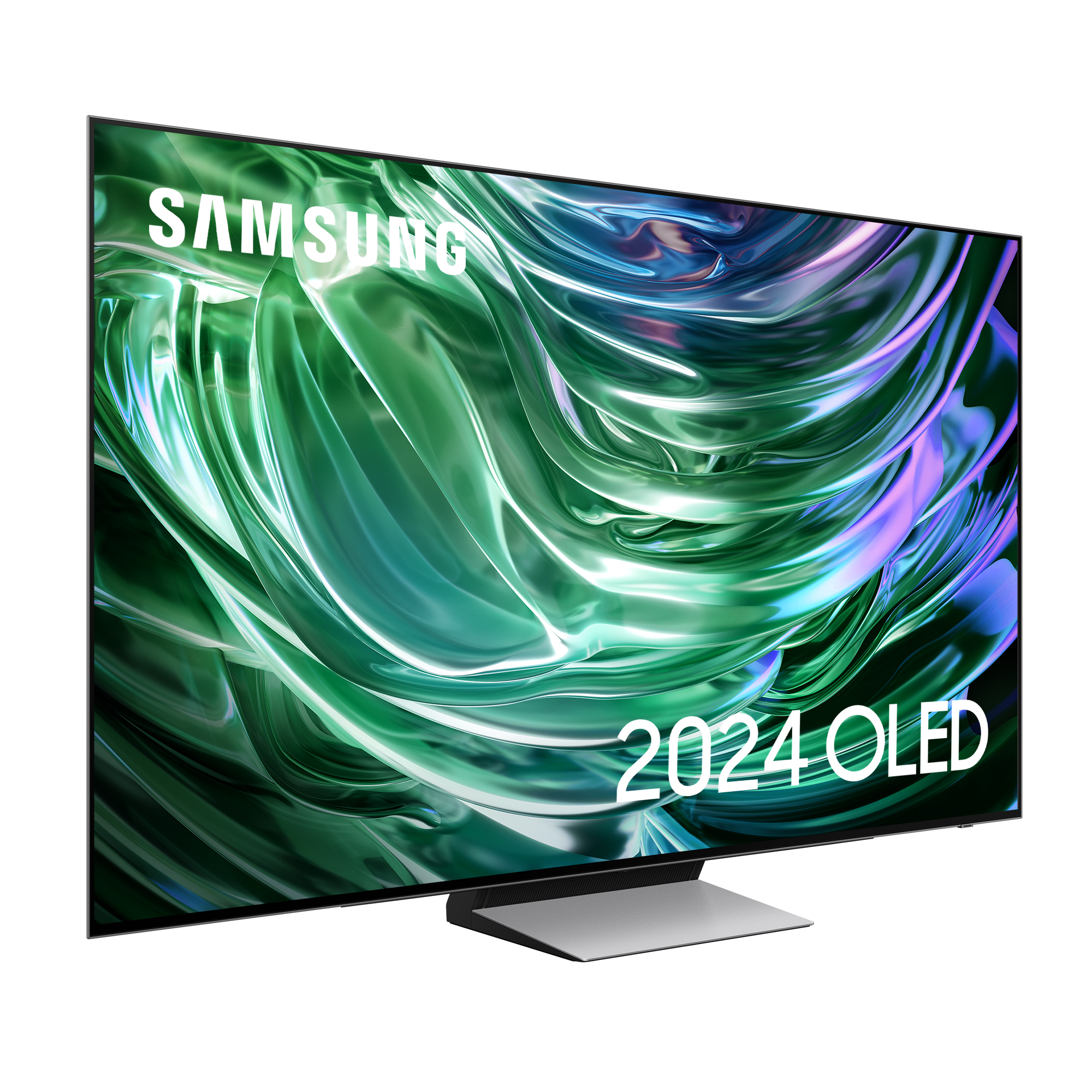Großer OLED-Fernseher, schwarzer Rahmen, silberner Ständer. Bildschirm zeigt wirbelndes, grünes und lila Design.