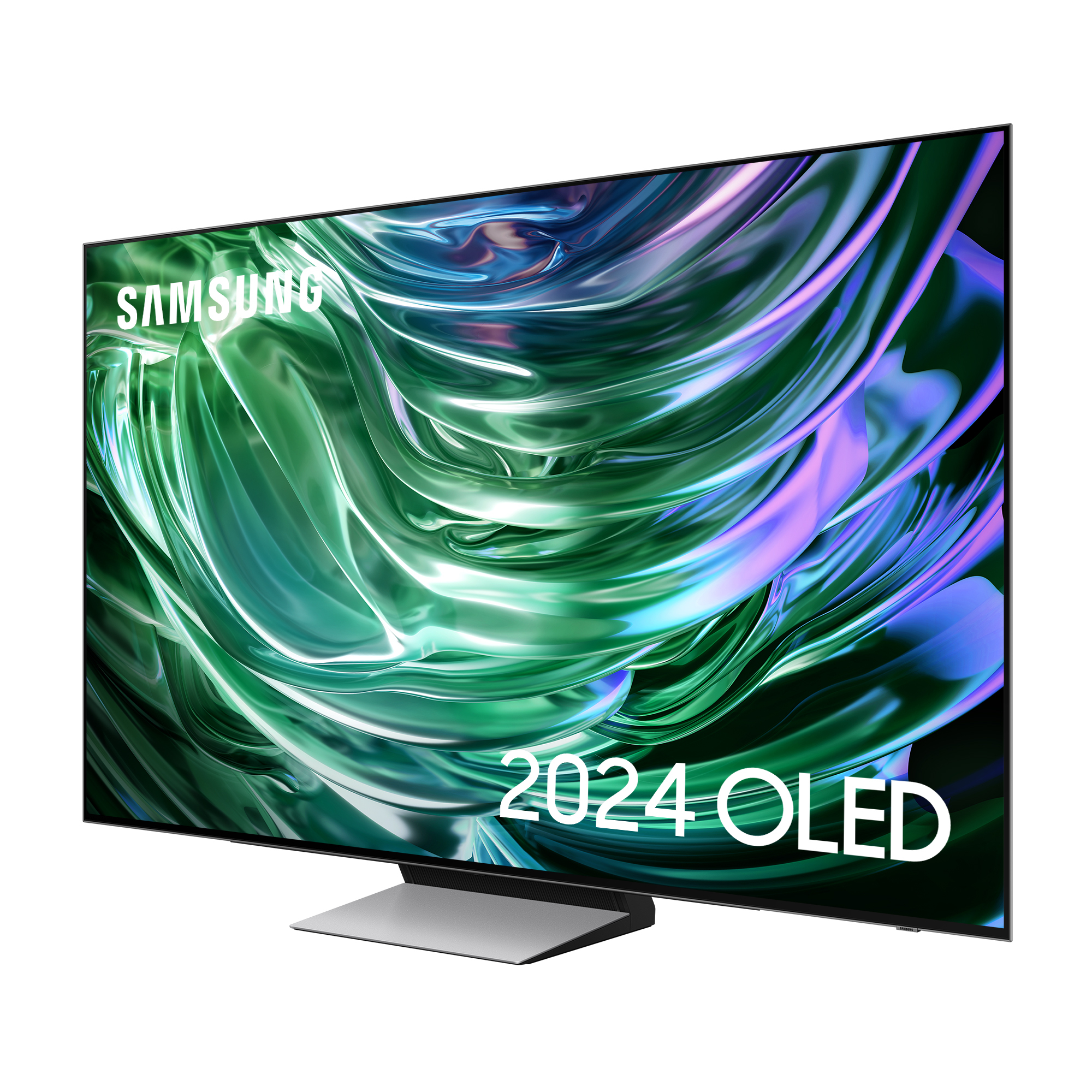 Ein Samsung OLED-Fernseher mit gebogenem Bildschirm, der abstrakte Farben zeigt.