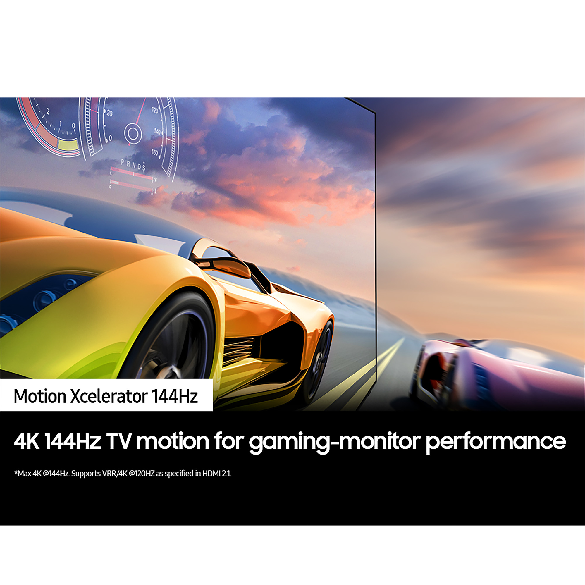 Fernseher mit gelbem Autorennen-Bild mit Motion Xcelerator 144Hz. 4K 144Hz TV für Gaming-Monitor-Leistung.