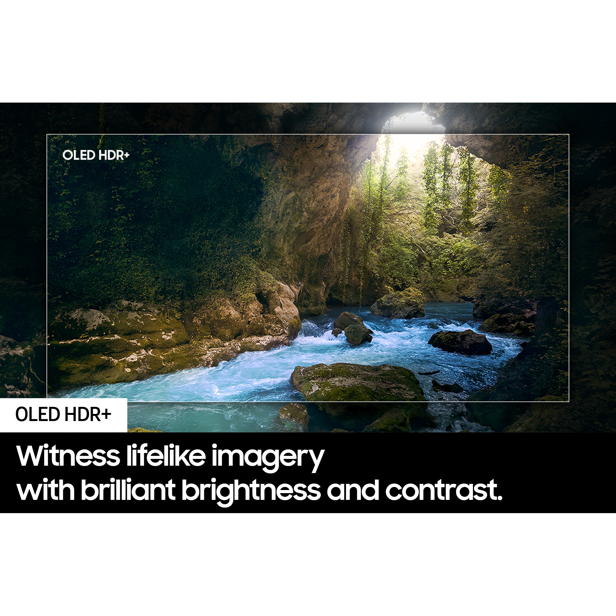 Eine malerische Aussicht auf einen Fluss in einer Höhle. Text lautet "OLED HDR+" und hebt Helligkeit und Kontrast hervor.