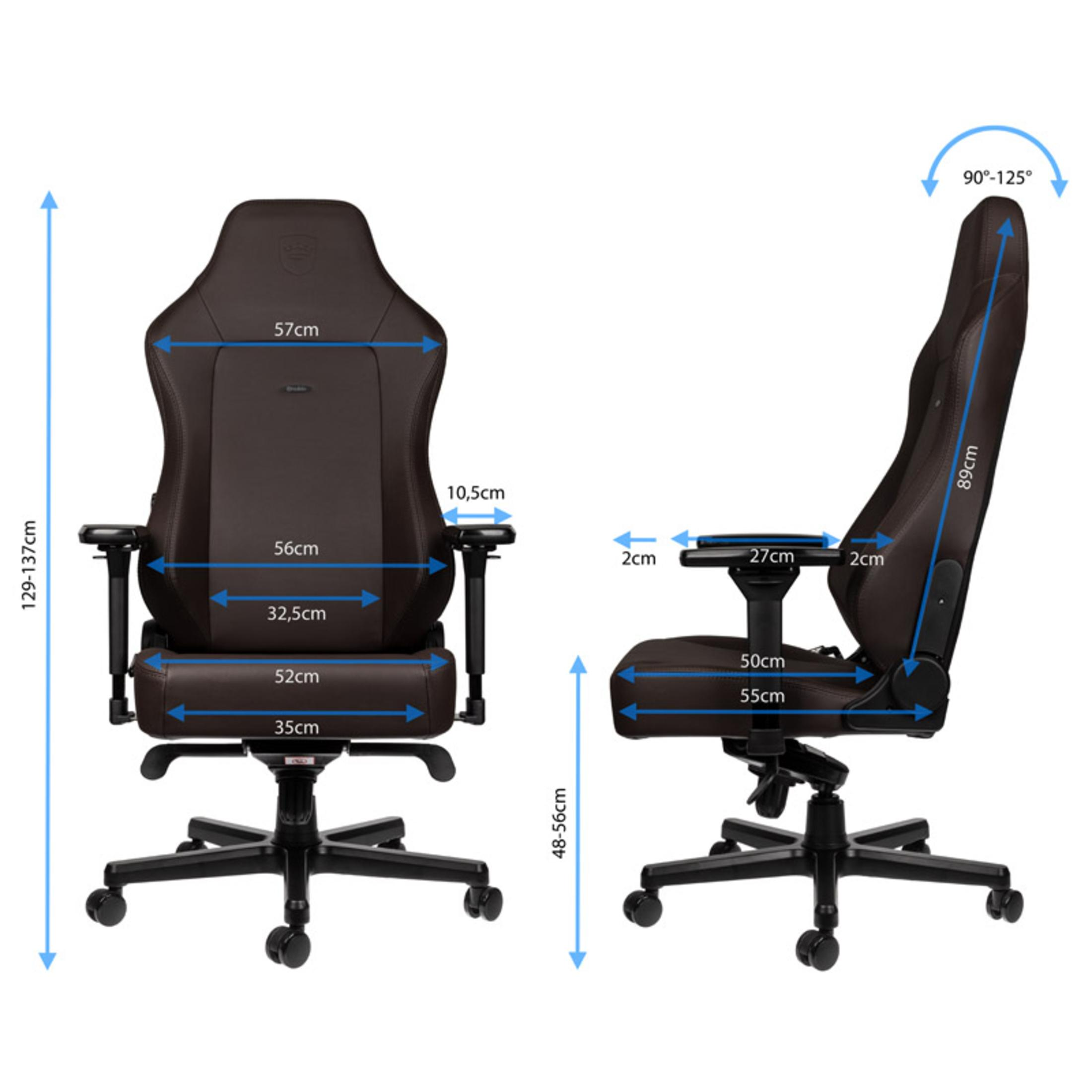 Zwei Ansichten eines braunen Gaming-Stuhls mit Maßangaben.