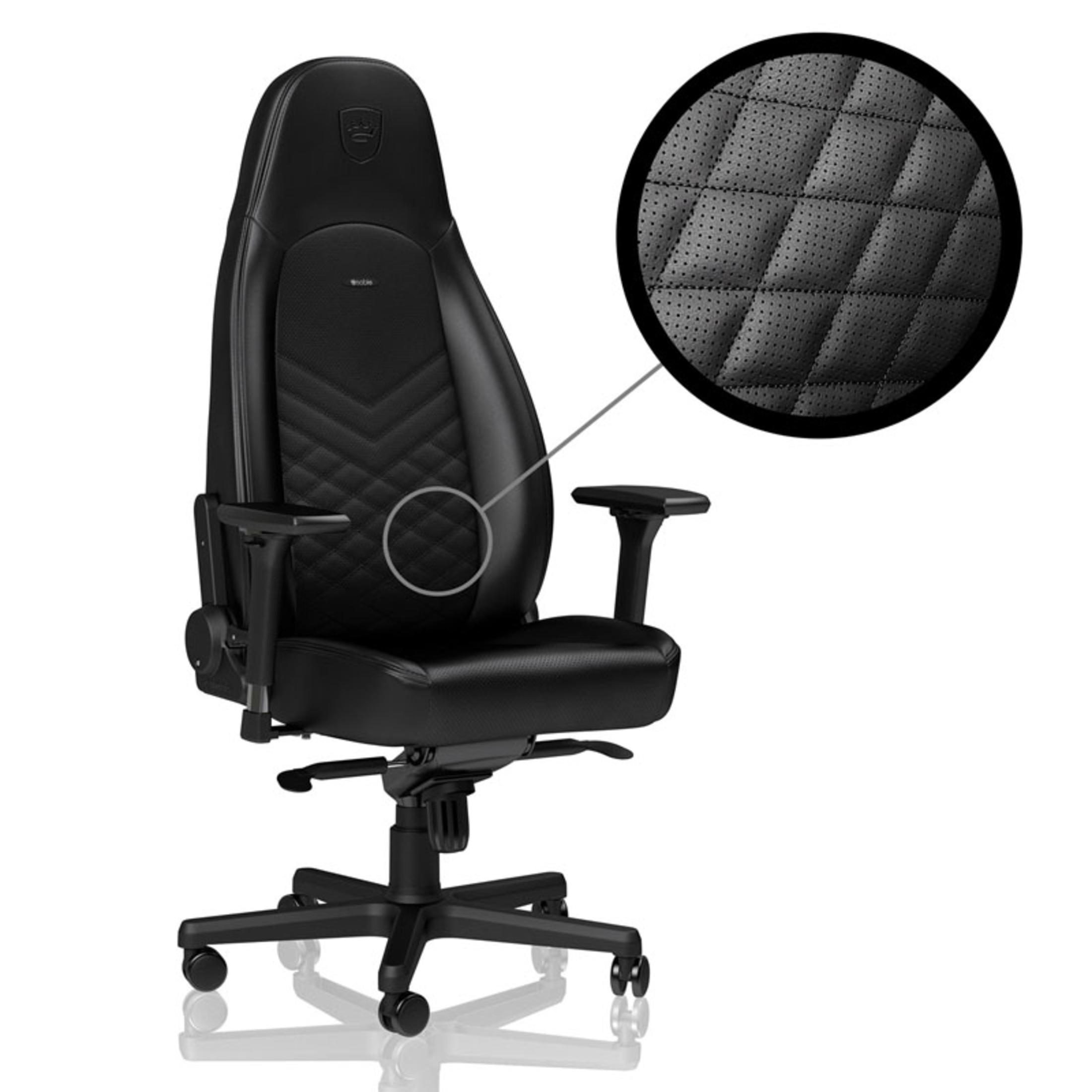 Schwarzer Gaming-Stuhl, Detail des gesteppten Leders. Nahaufnahme zeigt Steppmuster.