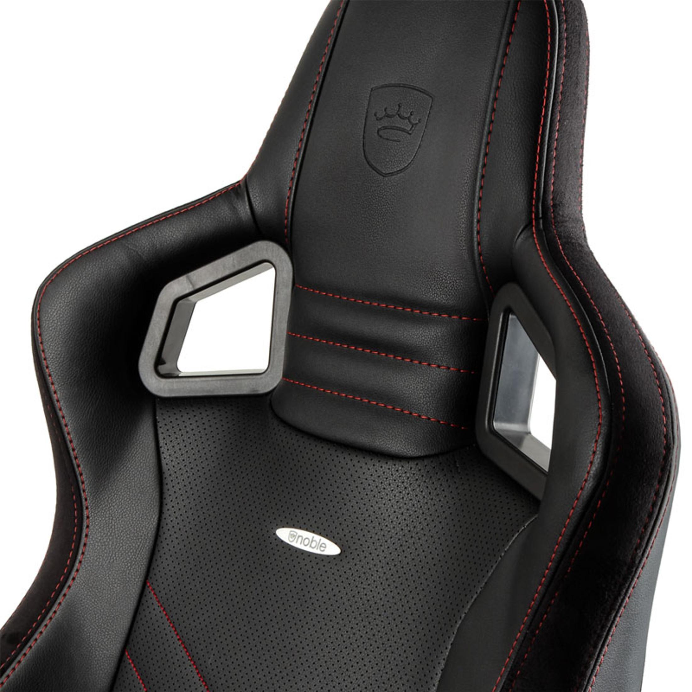 Schwarzer Rennsitz mit roten Nähten und dem noblechairs-Logo.