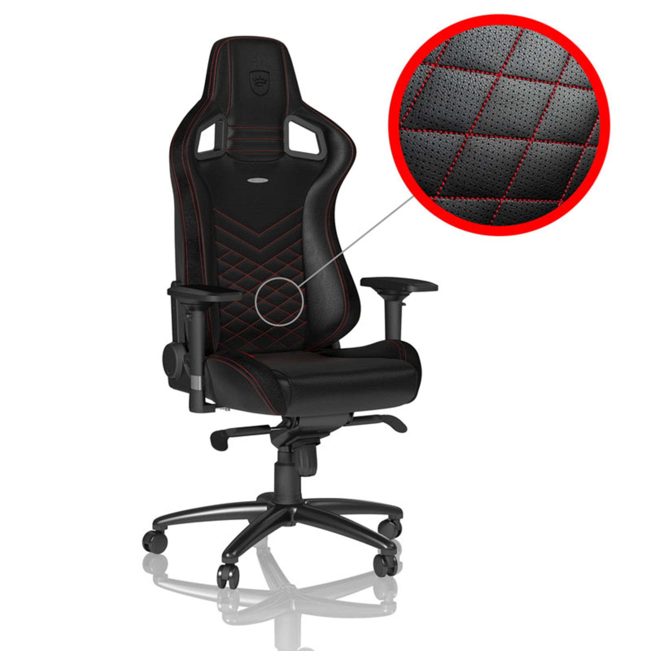 Schwarzer Gaming-Stuhl mit roten Nähten und Nahaufnahme des Sitzes.