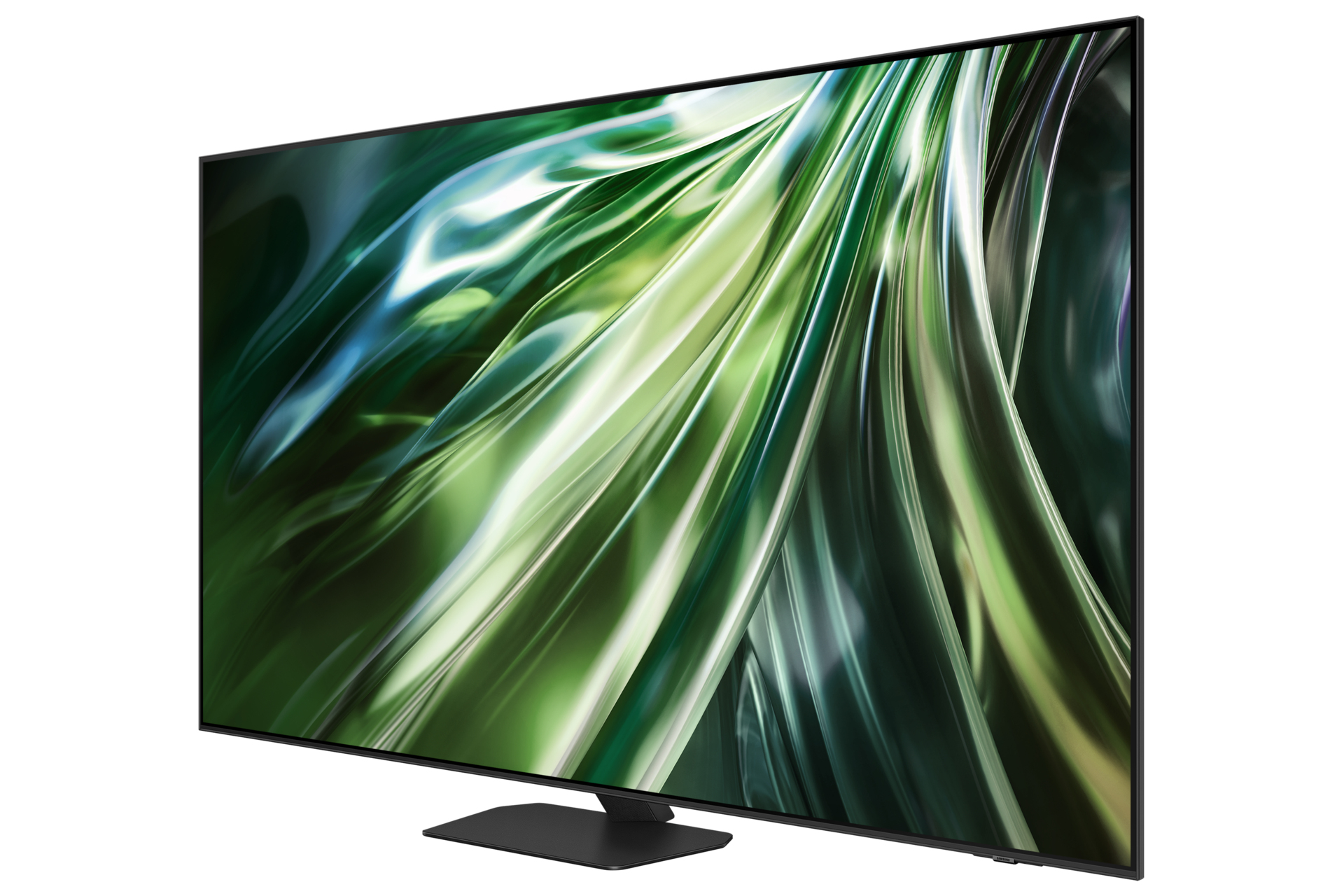 TV angolato, display a colori verde e giallo. Supporto e cornice neri. Sfondo bianco.