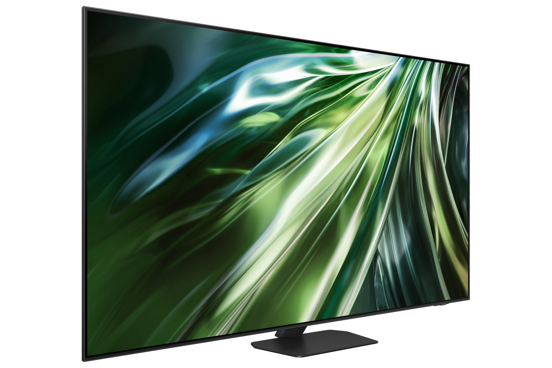Una TV moderna mostra un'immagine astratta di linee verdi e bianche che scorrono su uno sfondo bianco.