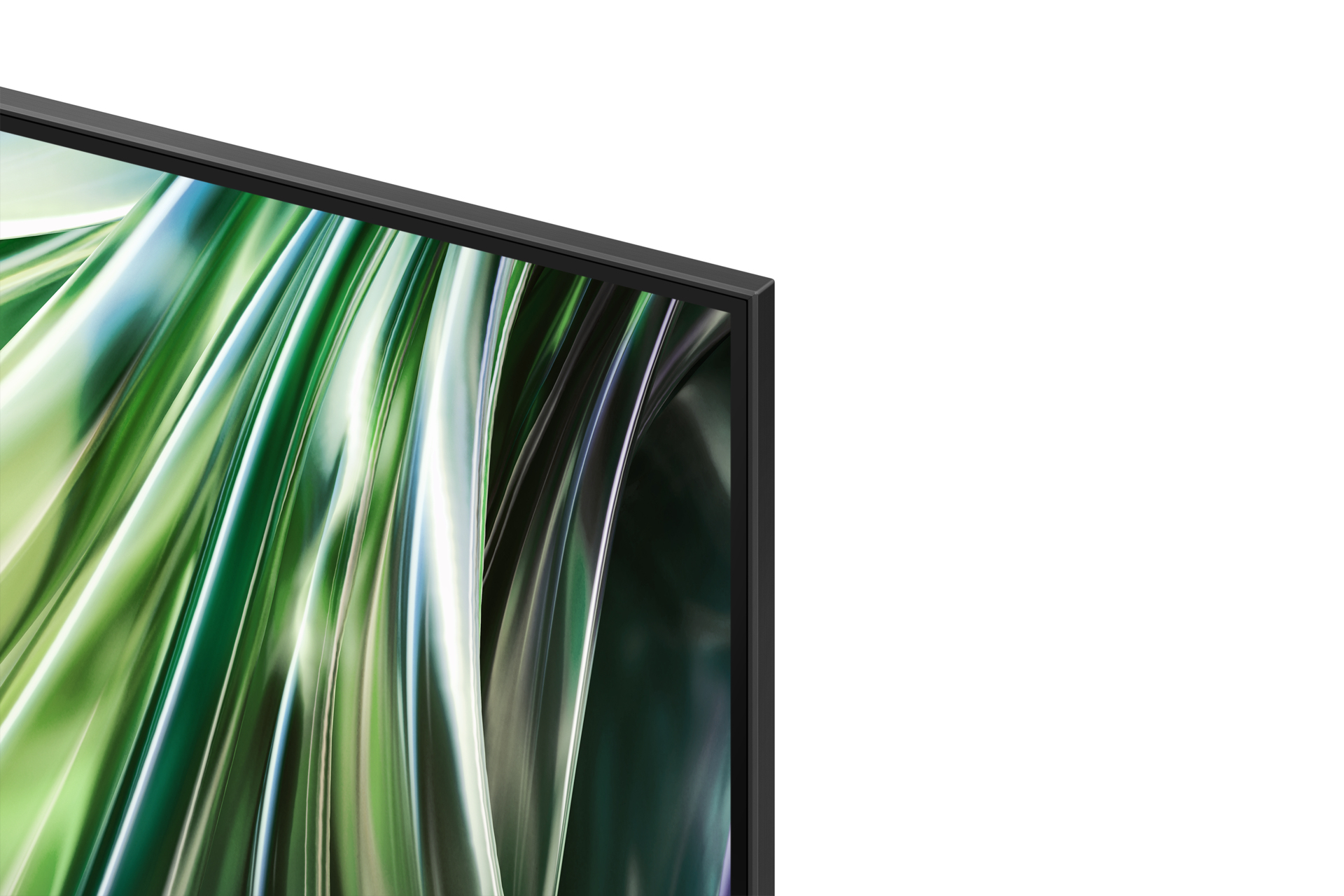Primo piano di una cornice TV con motivo verde e bianco sullo schermo, sfondo bianco.
