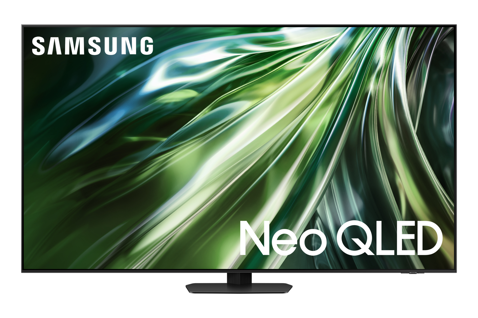 TV con schermo verde e bianco, supporto nero e testo Neo QLED, sfondo bianco.