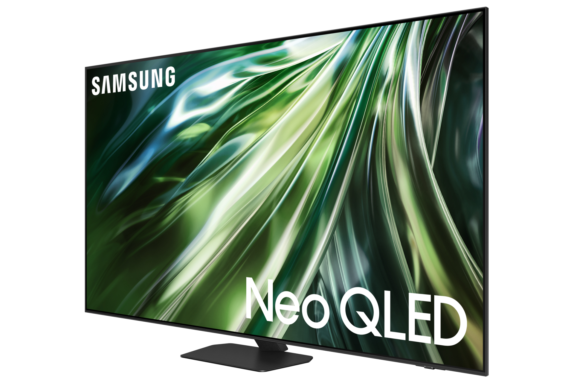 TV Samsung Neo QLED che mostra arte astratta verde e bianca su sfondo bianco.