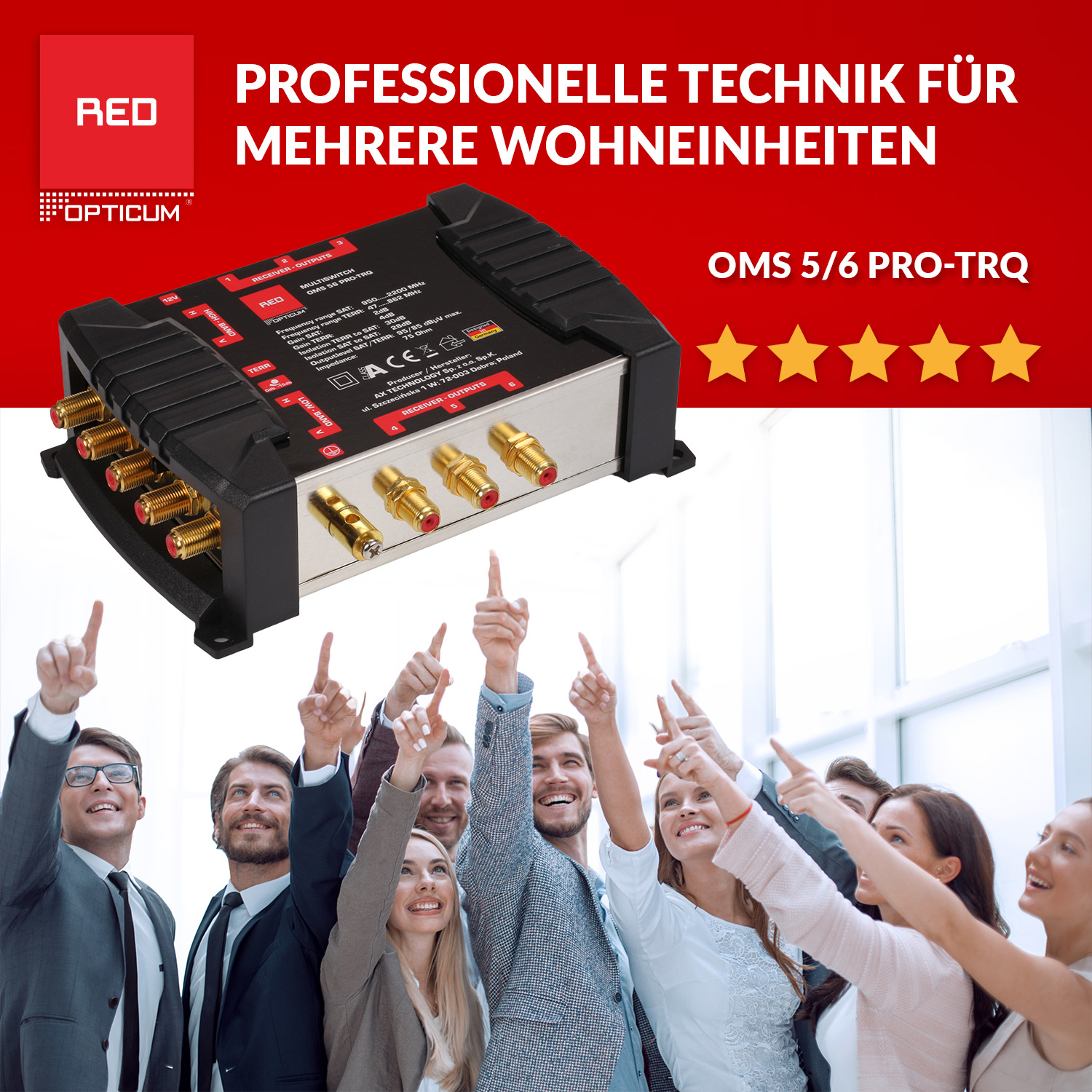 Eine Produktaufnahme eines schwarzen Geräts, auf das Personen zeigen.