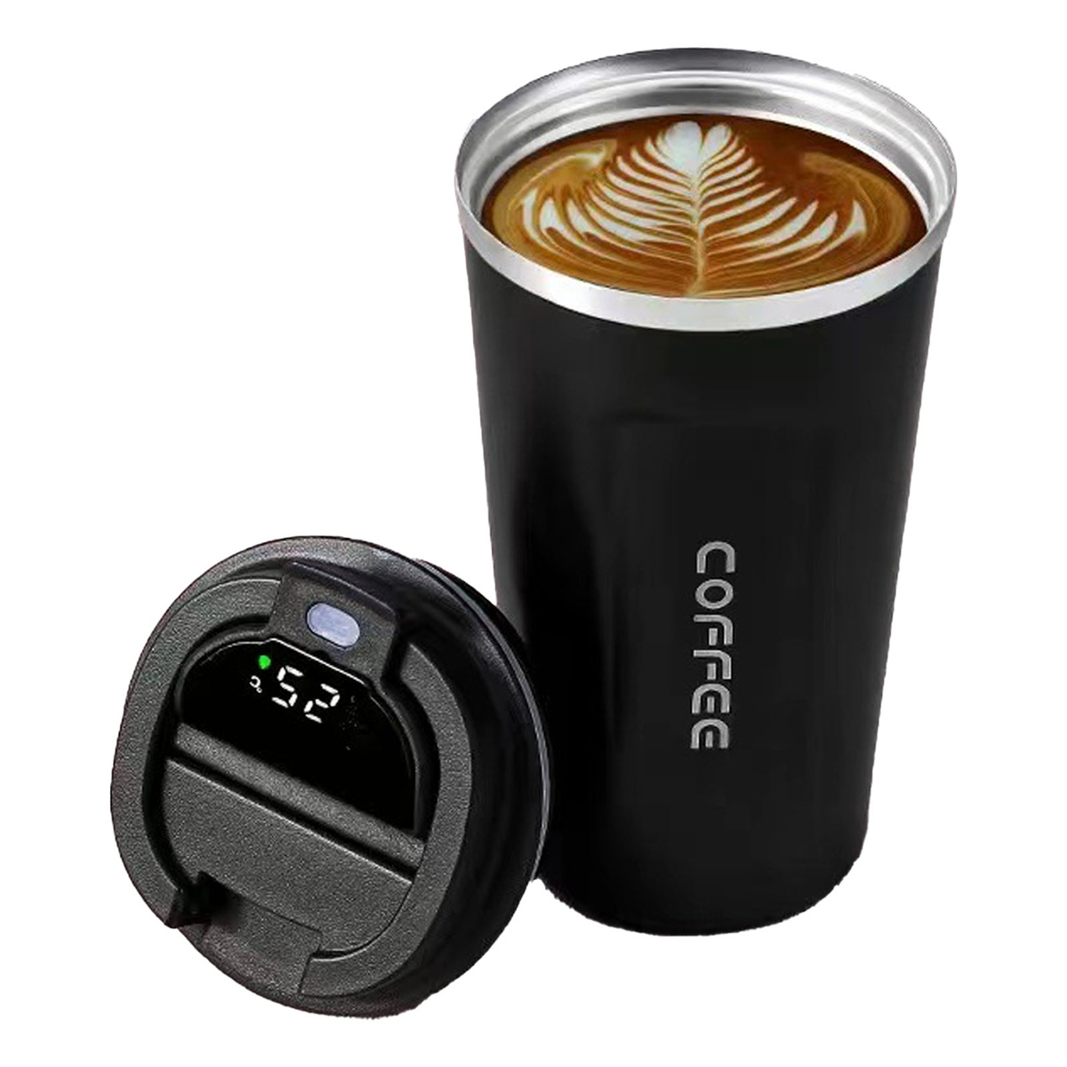 Schwarzer Reisebecher mit Kaffee, Deckel daneben mit Anzeige. Der Becher hat das Wort "COFFEE" darauf.