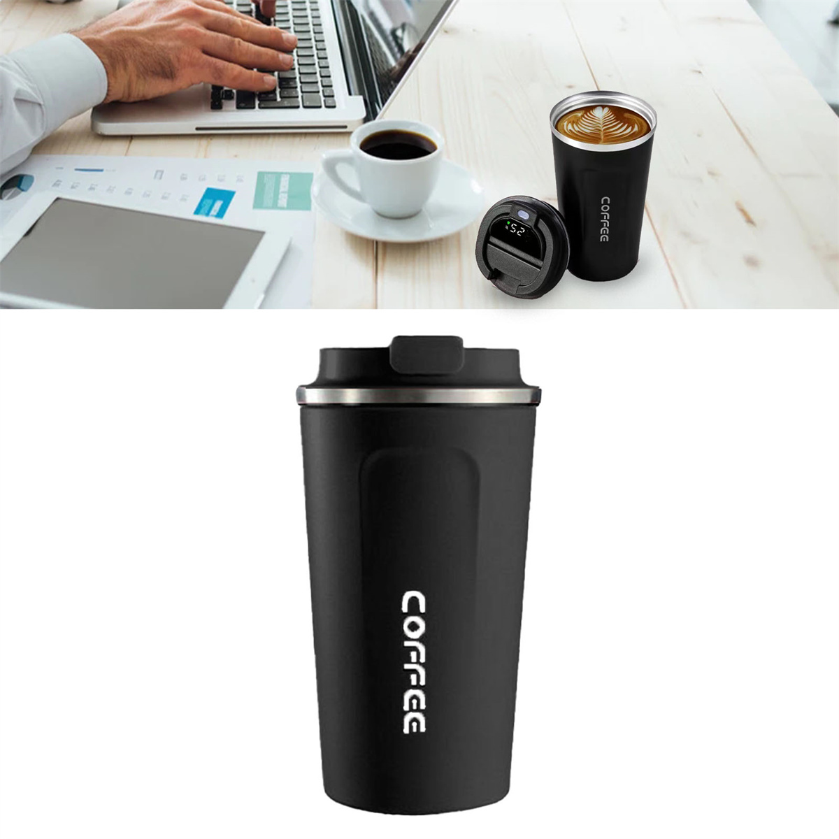 Schwarzer Kaffeebecher mit dem Wort Kaffee, ein Laptop, eine Kaffeetasse und ein Tablet auf einem Schreibtisch.