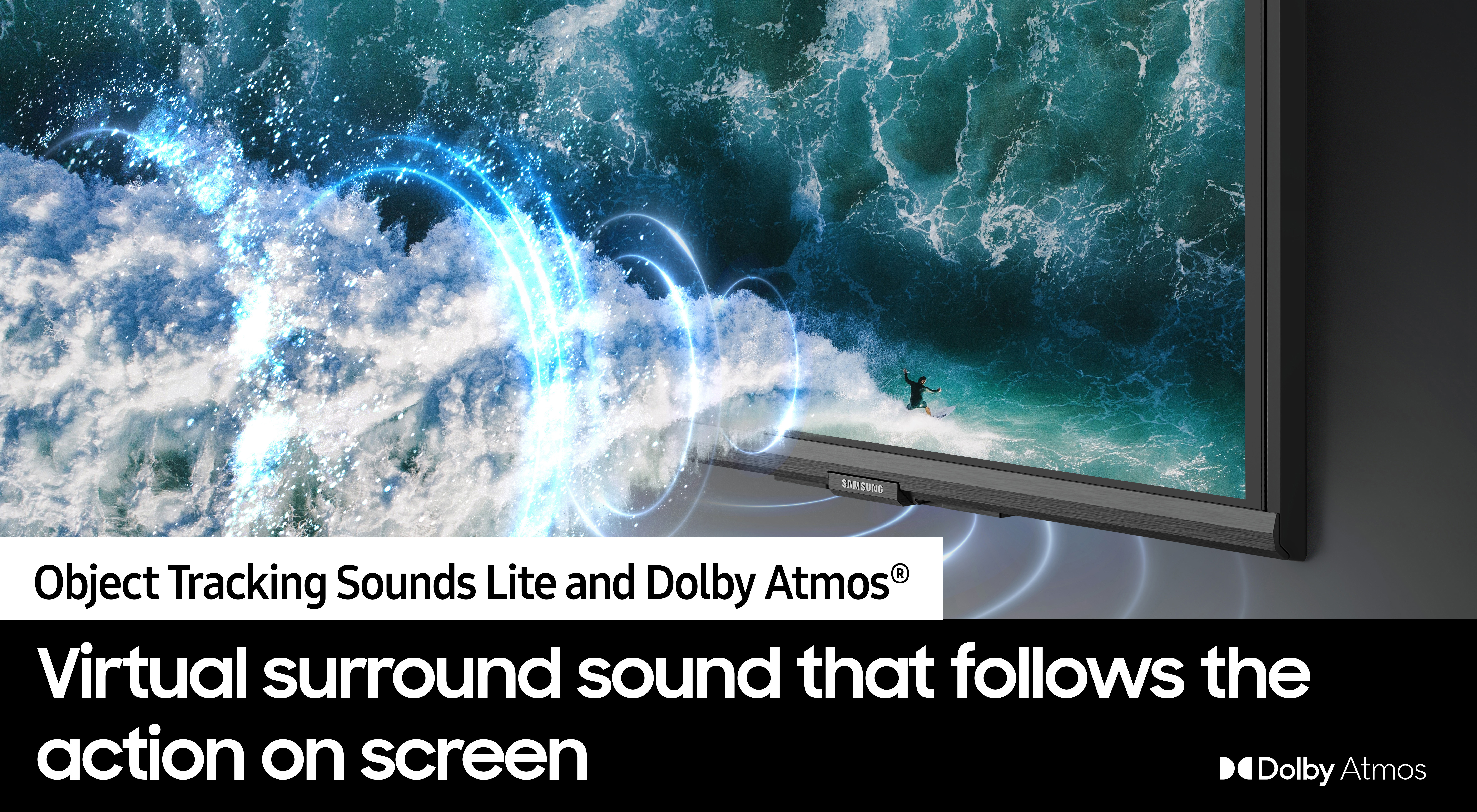 Ekran telewizora wyświetlający fale oceanu. Tekst opisuje wirtualny dźwięk przestrzenny.