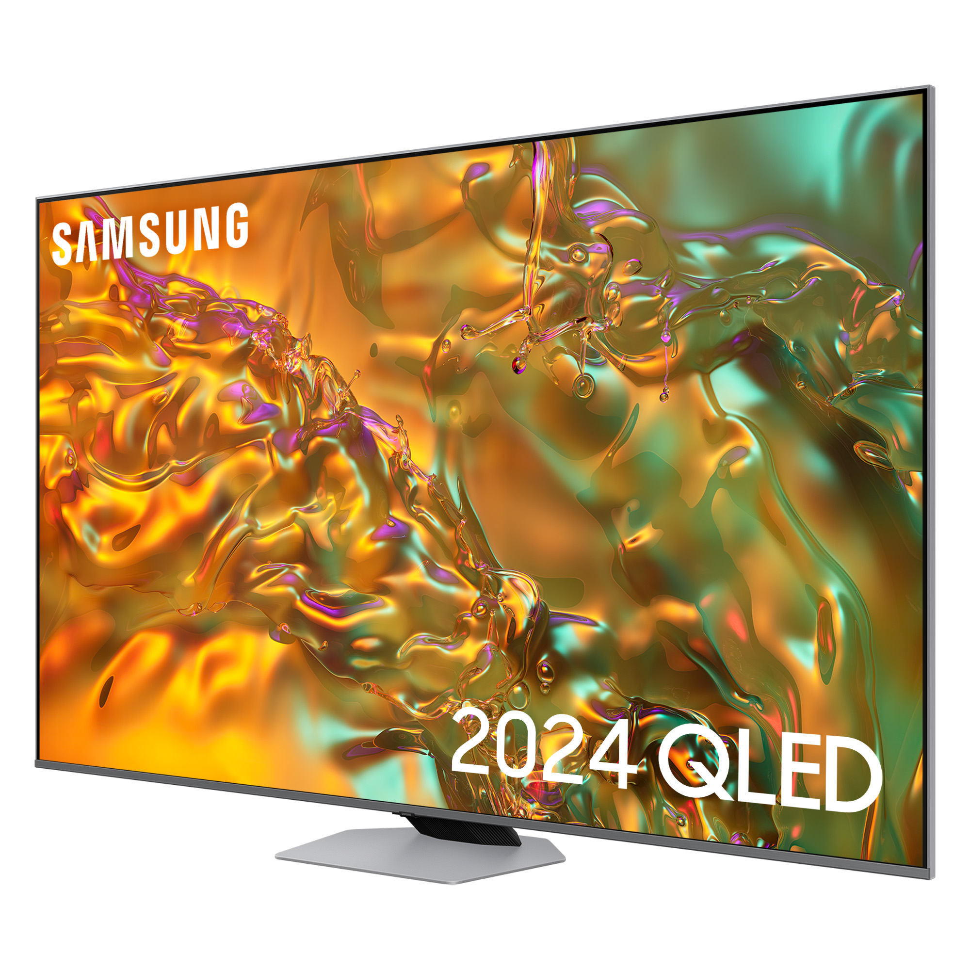 Telewizor Samsung QLED ze srebrną podstawą, widok z boku. Ekran wyświetla żółty i pomarańczowy wzór.