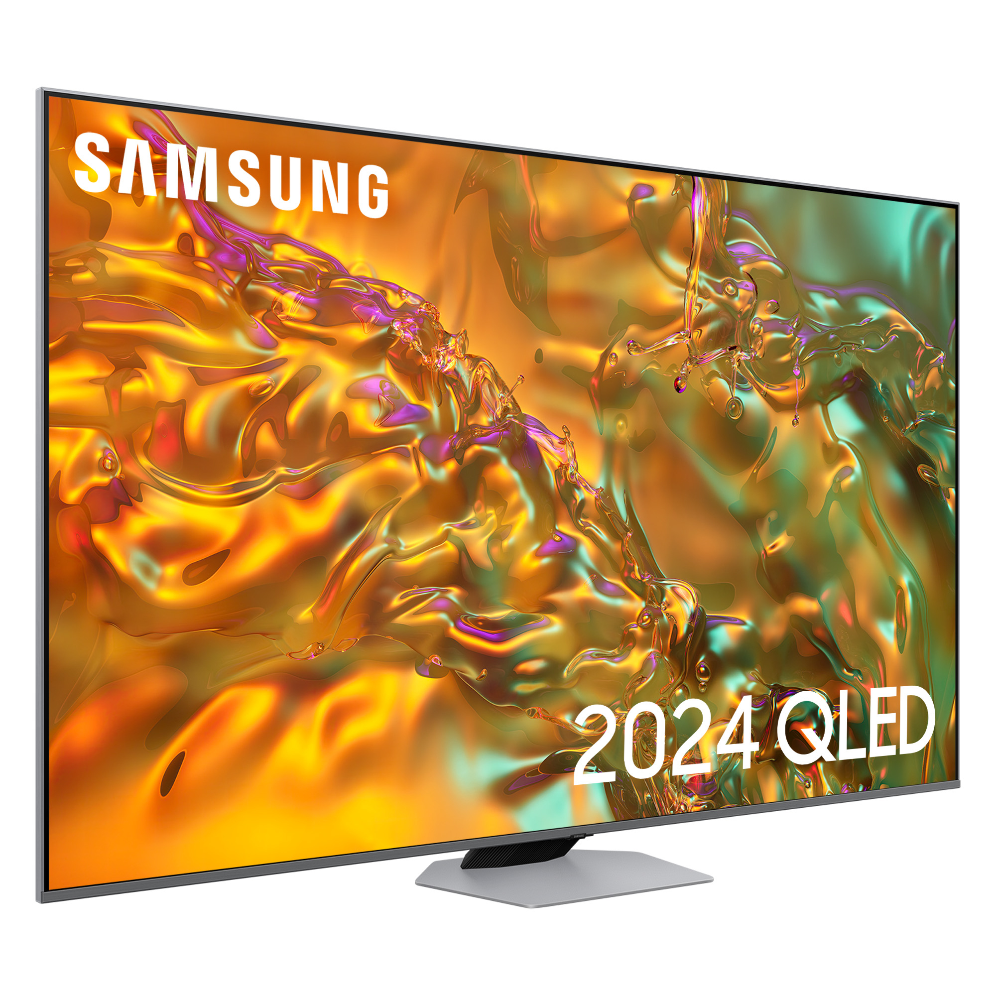 Telewizor Samsung QLED 2024. Ekran wyświetla efekt rozprysku cieczy, żółty i złoty.