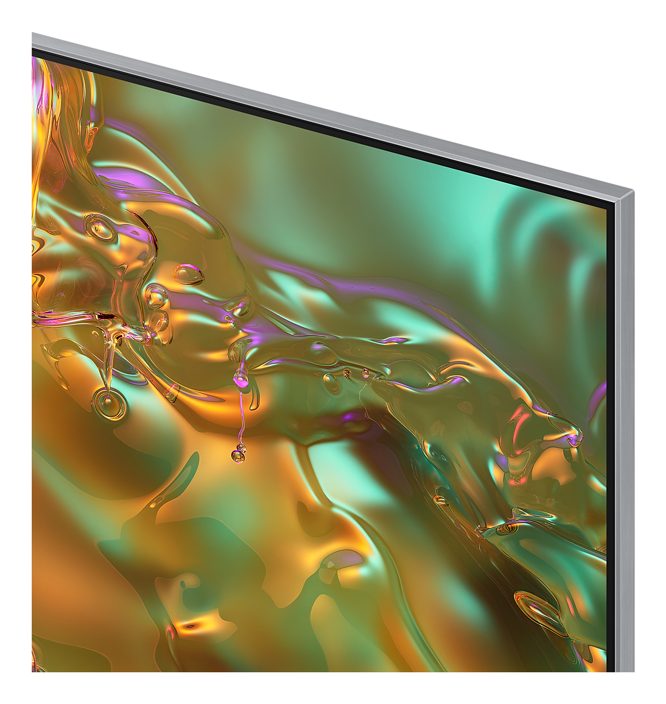 Zbliżenie ekranu telewizora, na którym wyświetlany jest kolorowy, abstrakcyjny, płynny obraz.