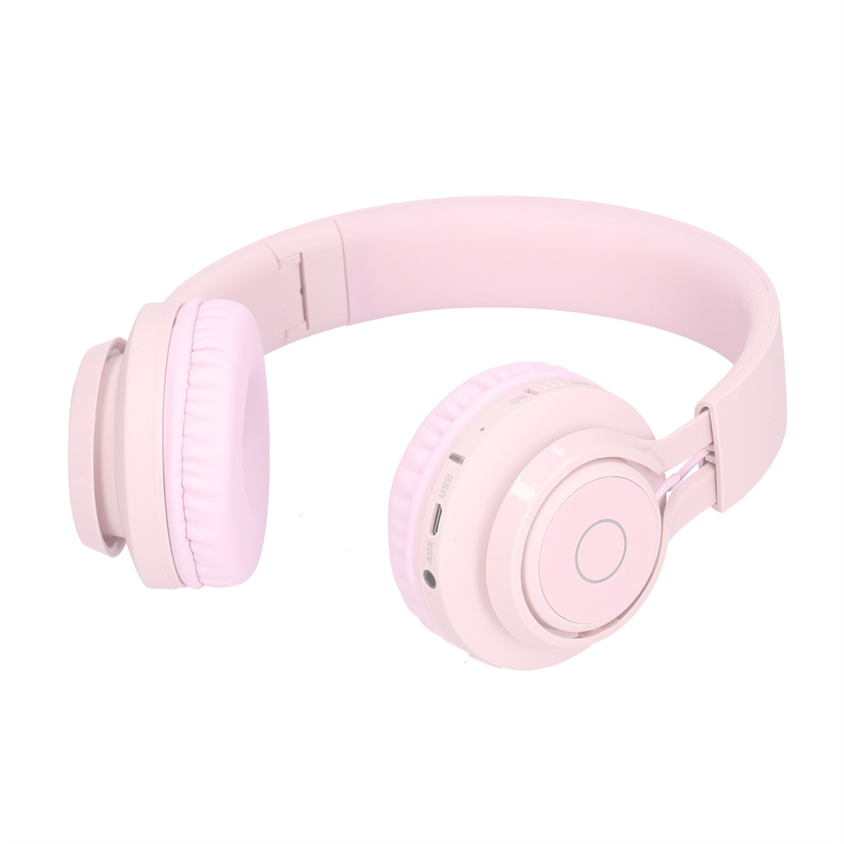 Rosa Kopfhörer mit rosa Kopfband, Ohrmuscheln und Bedienelementen an der rechten Ohrmuschel.