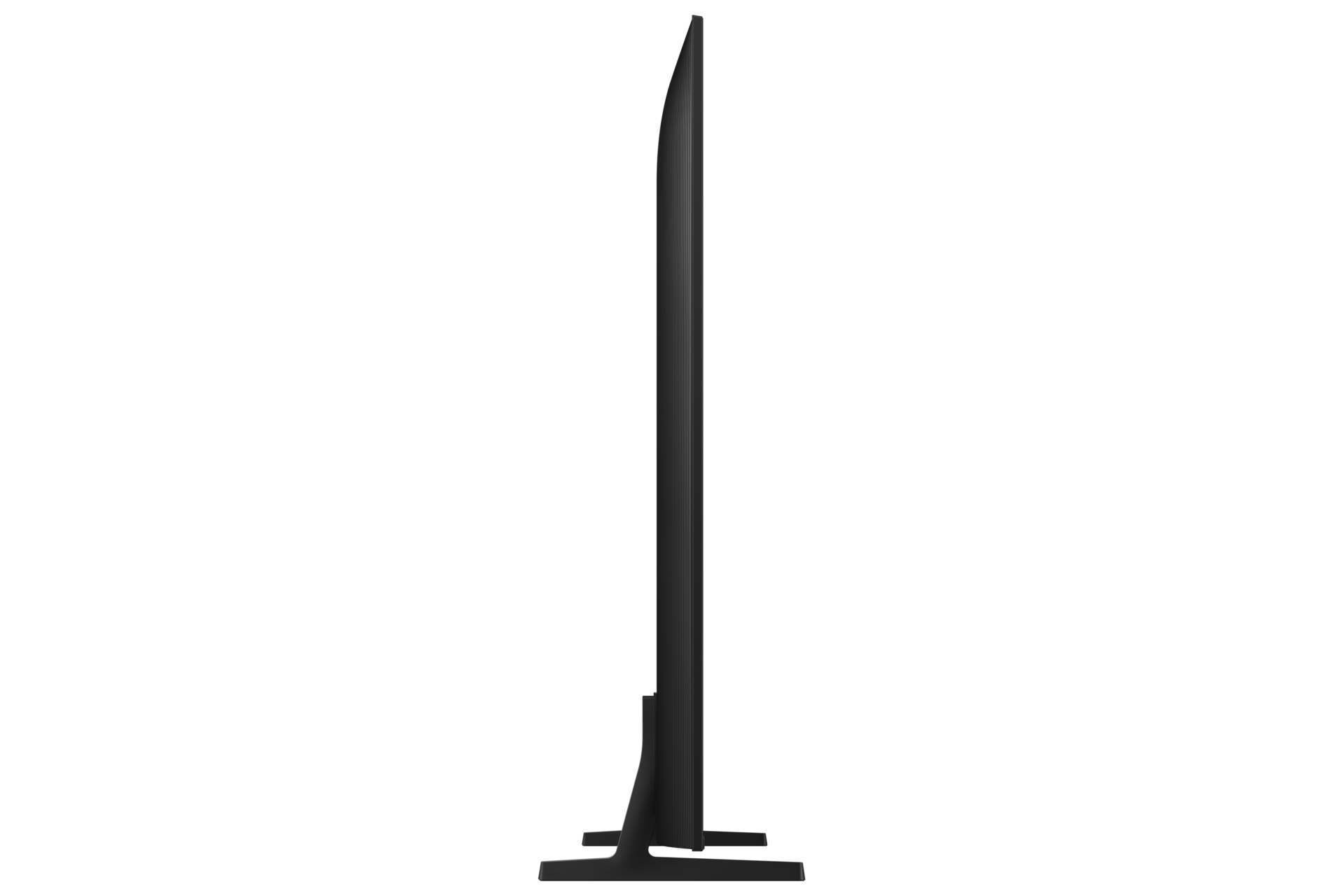 Seitenansicht eines schwarzen Fernsehers mit dünnem Profil und rechteckigem Sockel.