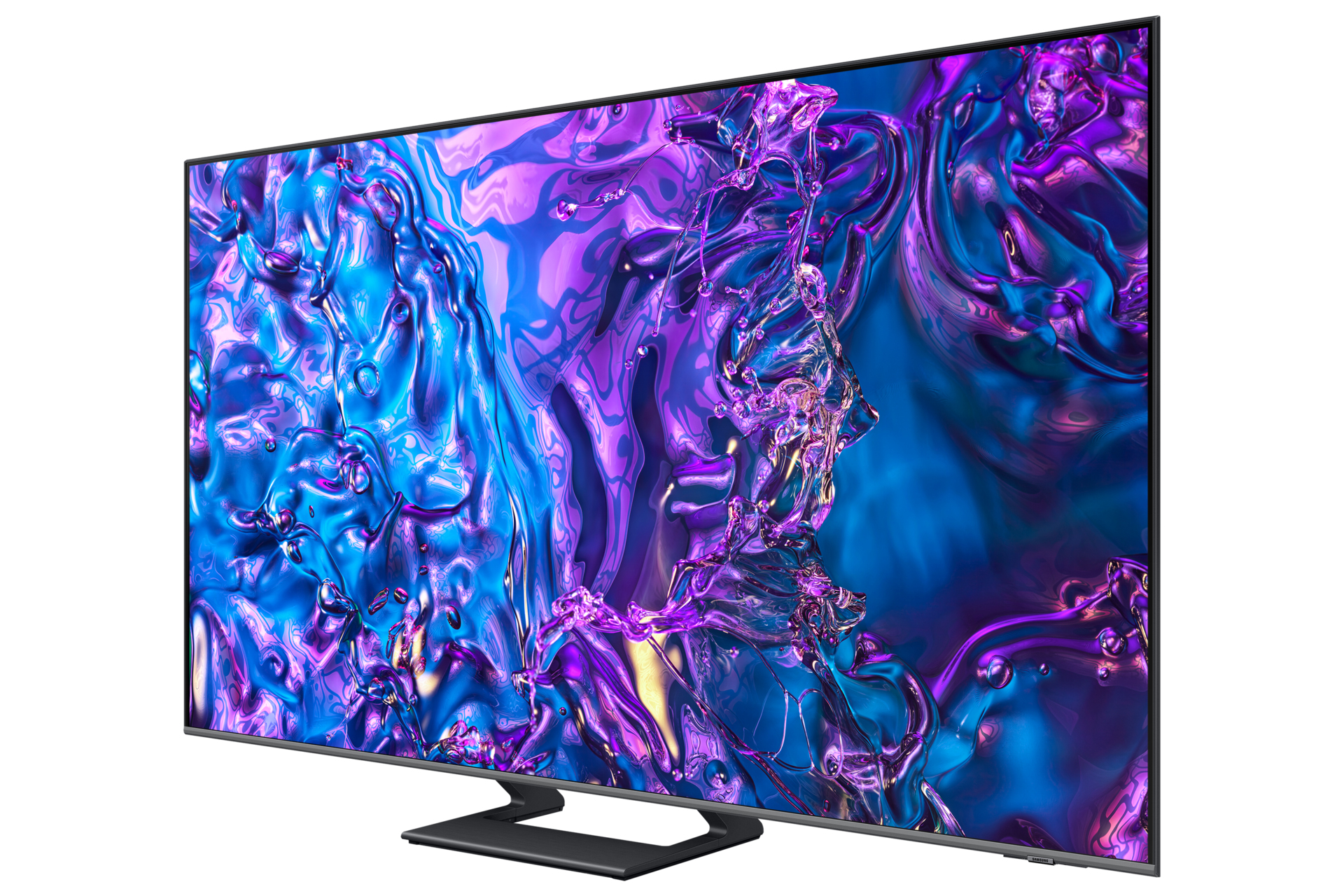 Een grote, moderne tv met een kleurrijke, abstracte afbeelding op een witte achtergrond.