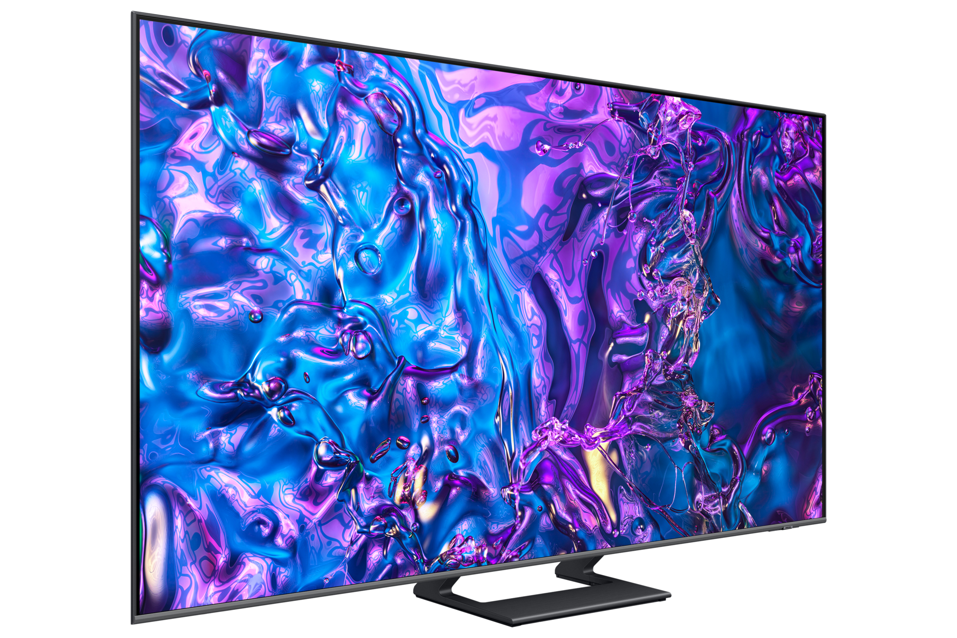 Groot tv-scherm met paarse en blauwe abstracte patronen, zwarte standaard, witte achtergrond.