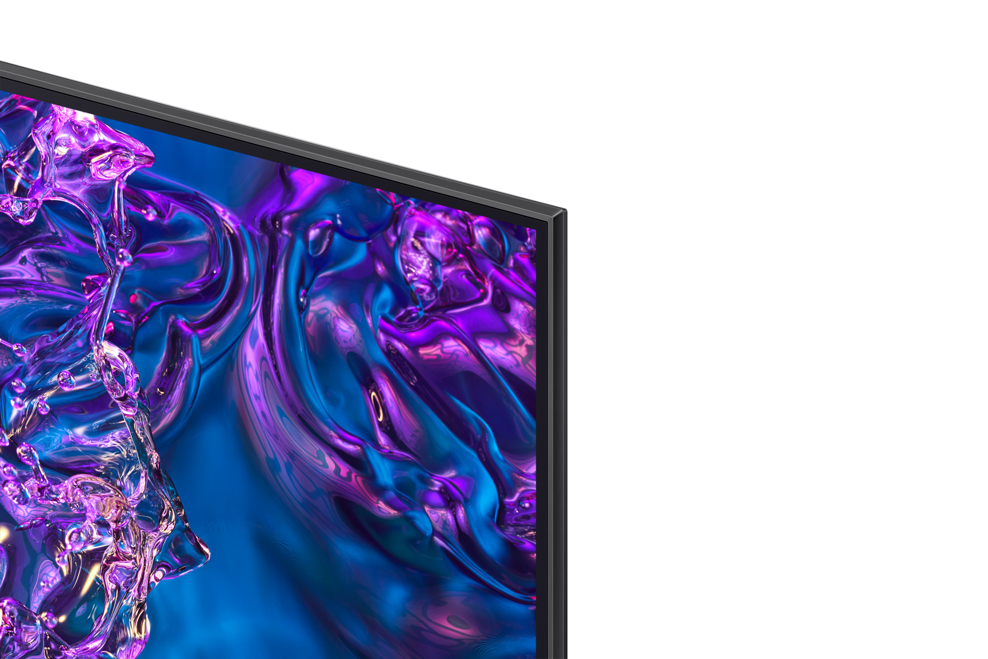Close-up van de hoek van een zwarte tv-frame met een blauwe en paarse abstracte afbeelding.