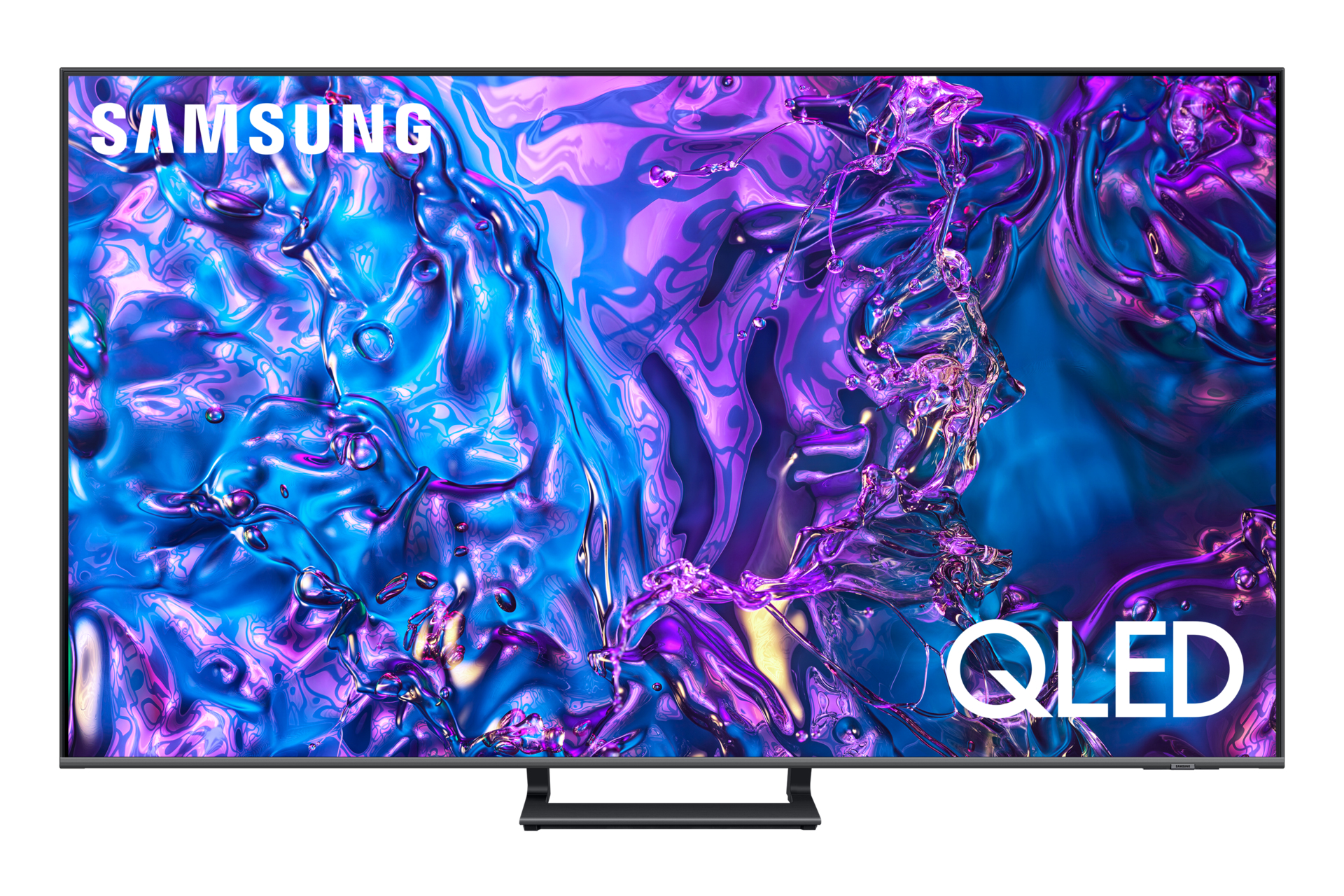 Samsung QLED tv-scherm met kleurrijke abstracte achtergrond. Zwarte standaard onderaan.