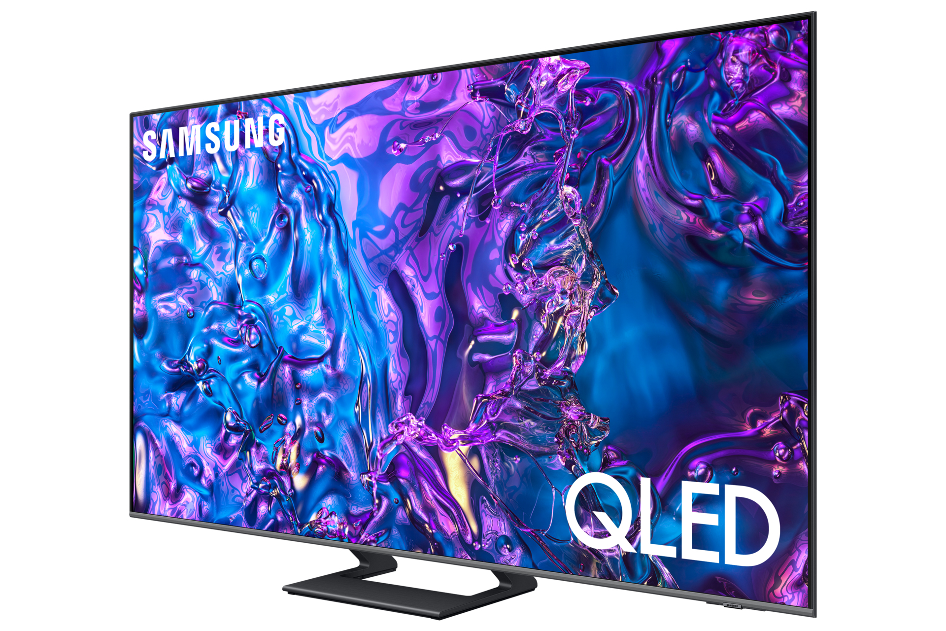 Een zwarte tv met een paarse en blauwe achtergrond. Het woord 'SAMSUNG' en 'QLED' worden weergegeven.