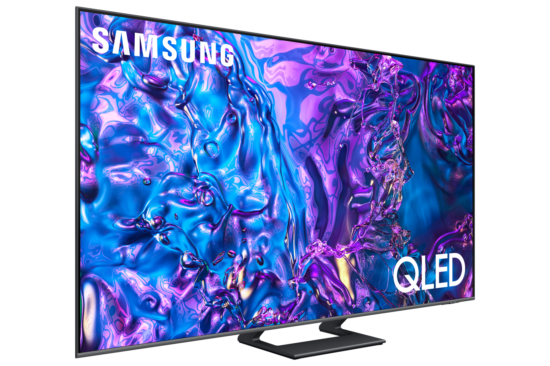 Een grote Samsung QLED-tv met een levendig abstract display, op een zwarte standaard, witte achtergrond.