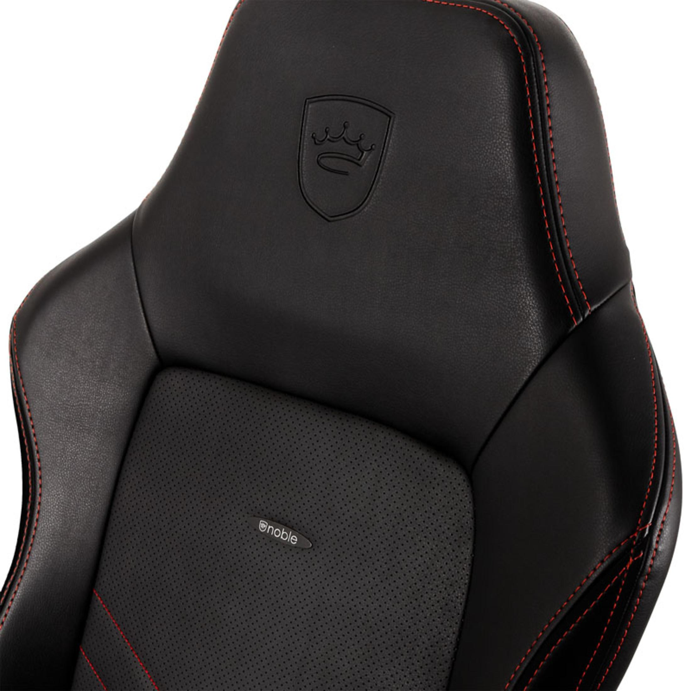 Schwarze Gaming-Stuhlrückenlehne mit roten Nähten und einem Logo.