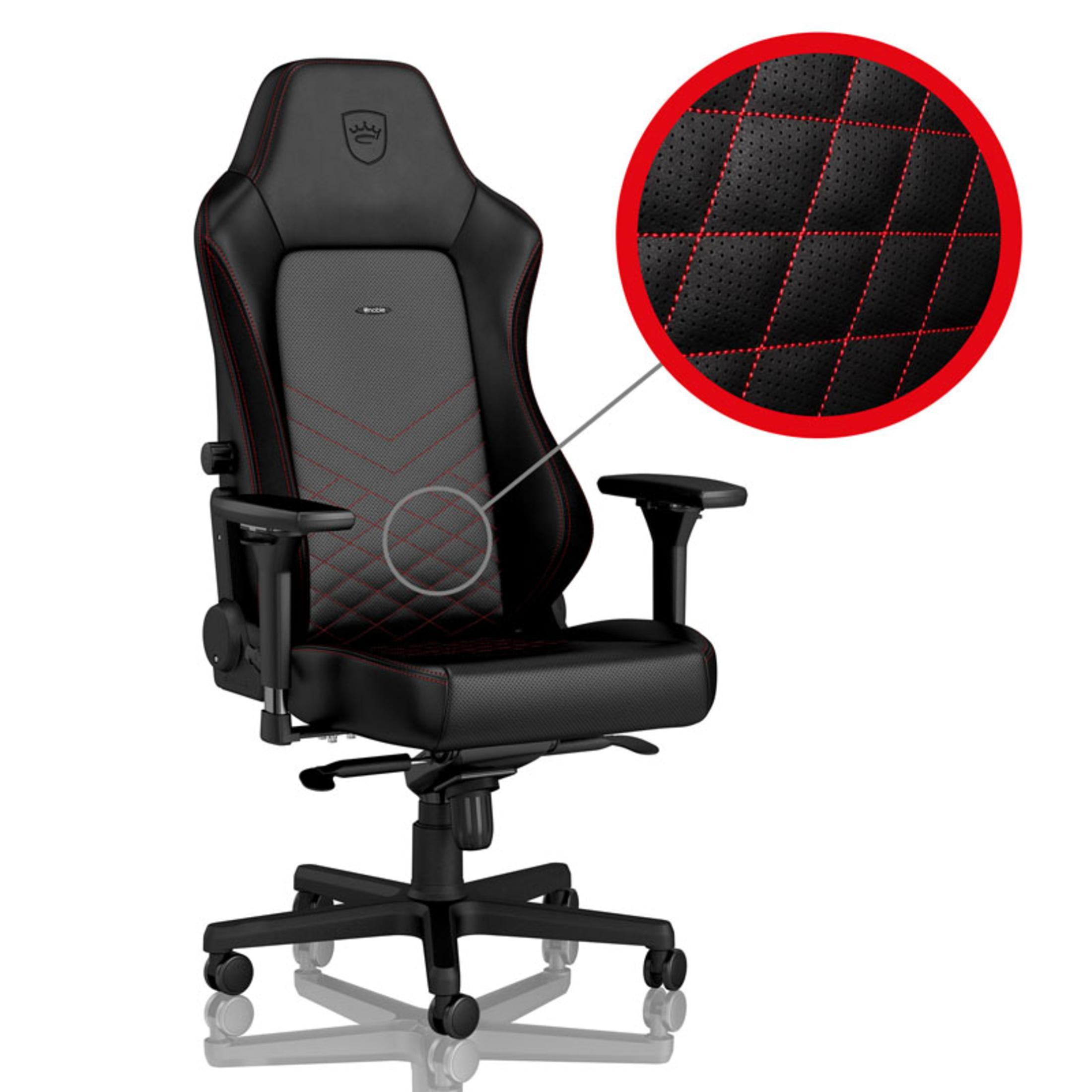 Schwarzer Gaming-Stuhl mit roten Steppdetails. Ein rundes Detail in der oberen rechten Ecke.