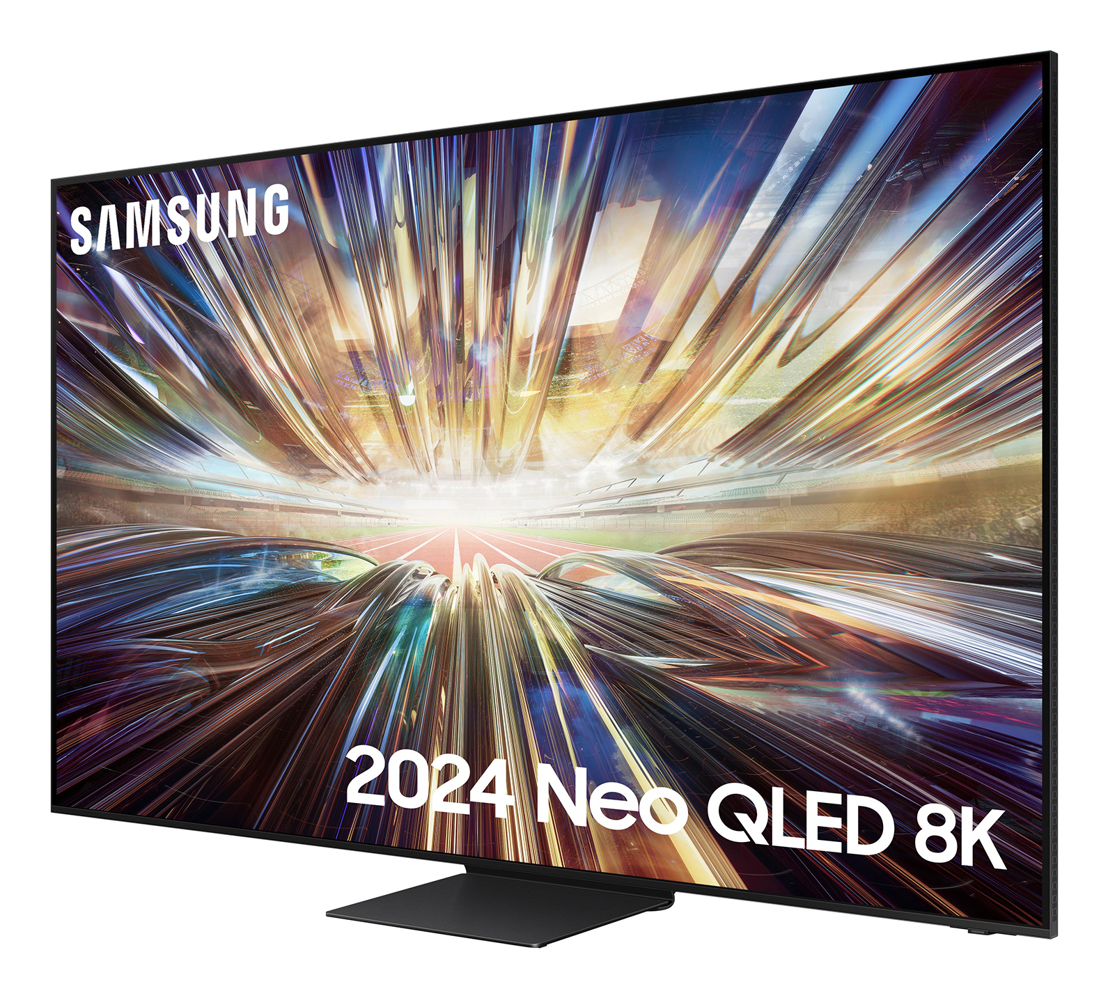 TV Samsung 2024 Neo QLED 8K mostra una grafica colorata con un supporto nero.