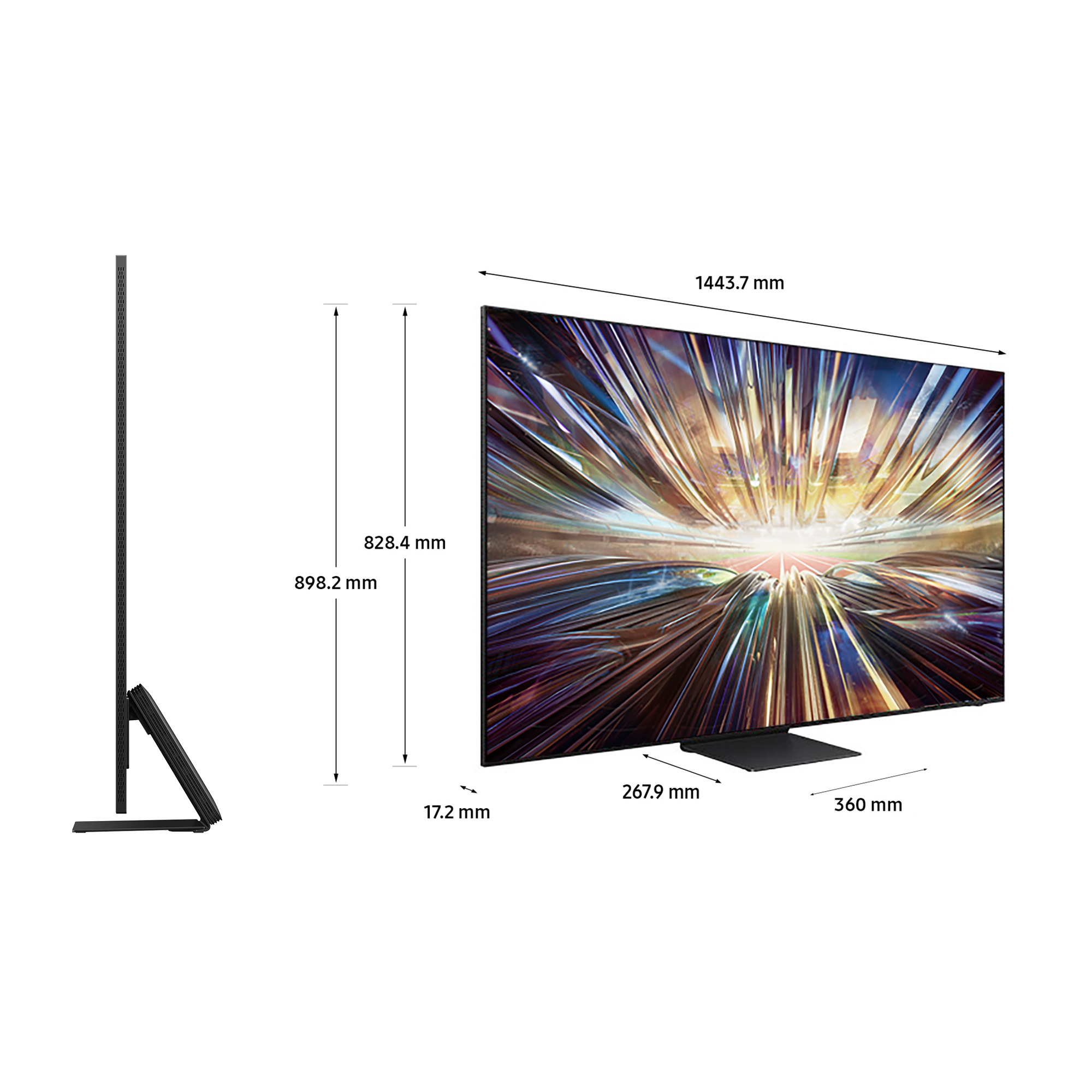Un grande televisore con dimensioni visualizzate e vista laterale su sfondo bianco.